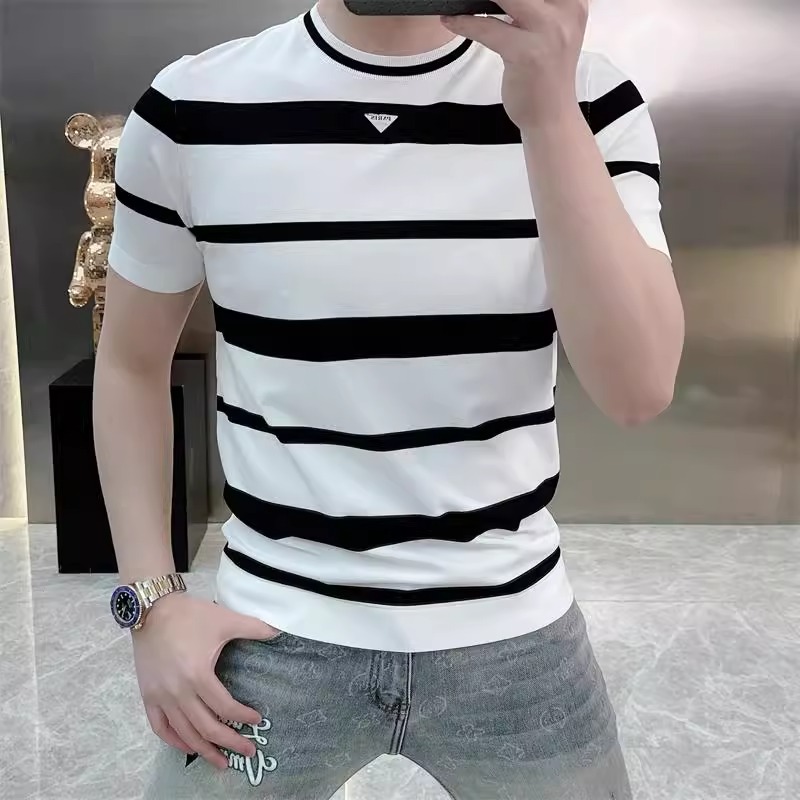 2025男士潮牌冰丝针织T恤新款百搭帅气高档夏季时尚修身短袖夏天