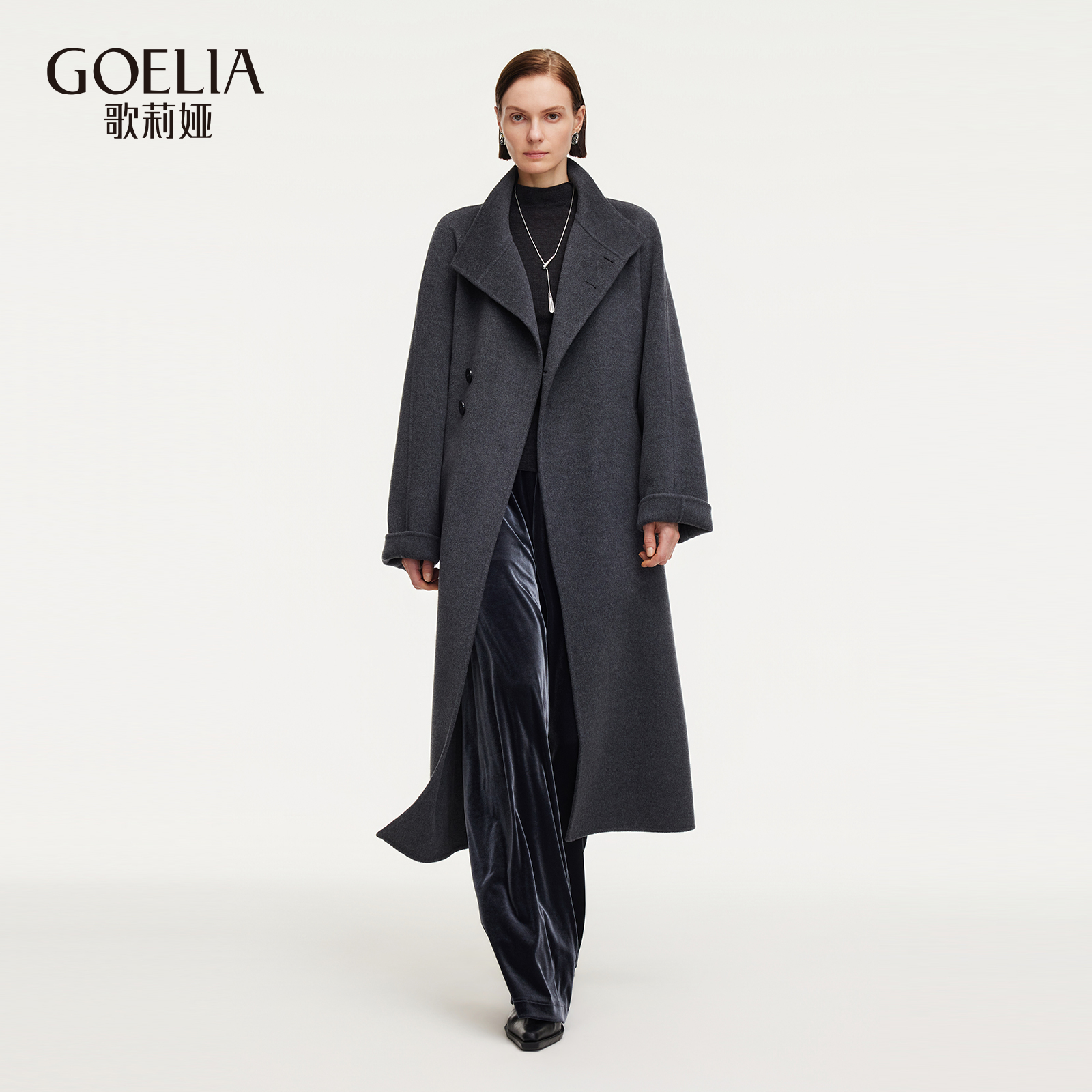 歌莉娅冬季新款绵羊毛双面呢大衣配腰带保暖男女同款1EDL6N700