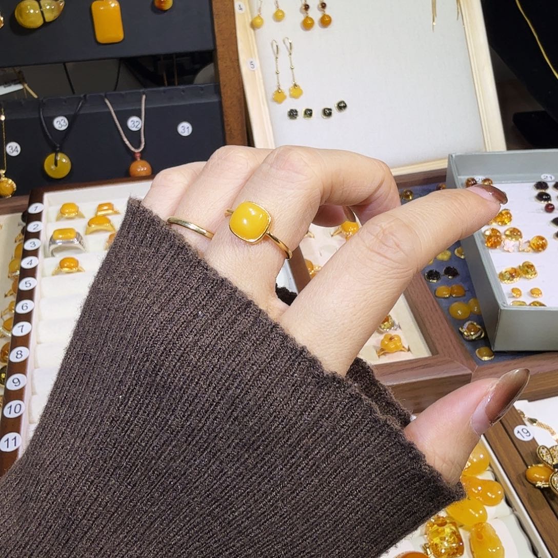 蜜蜡银S925镀金镶嵌戒指