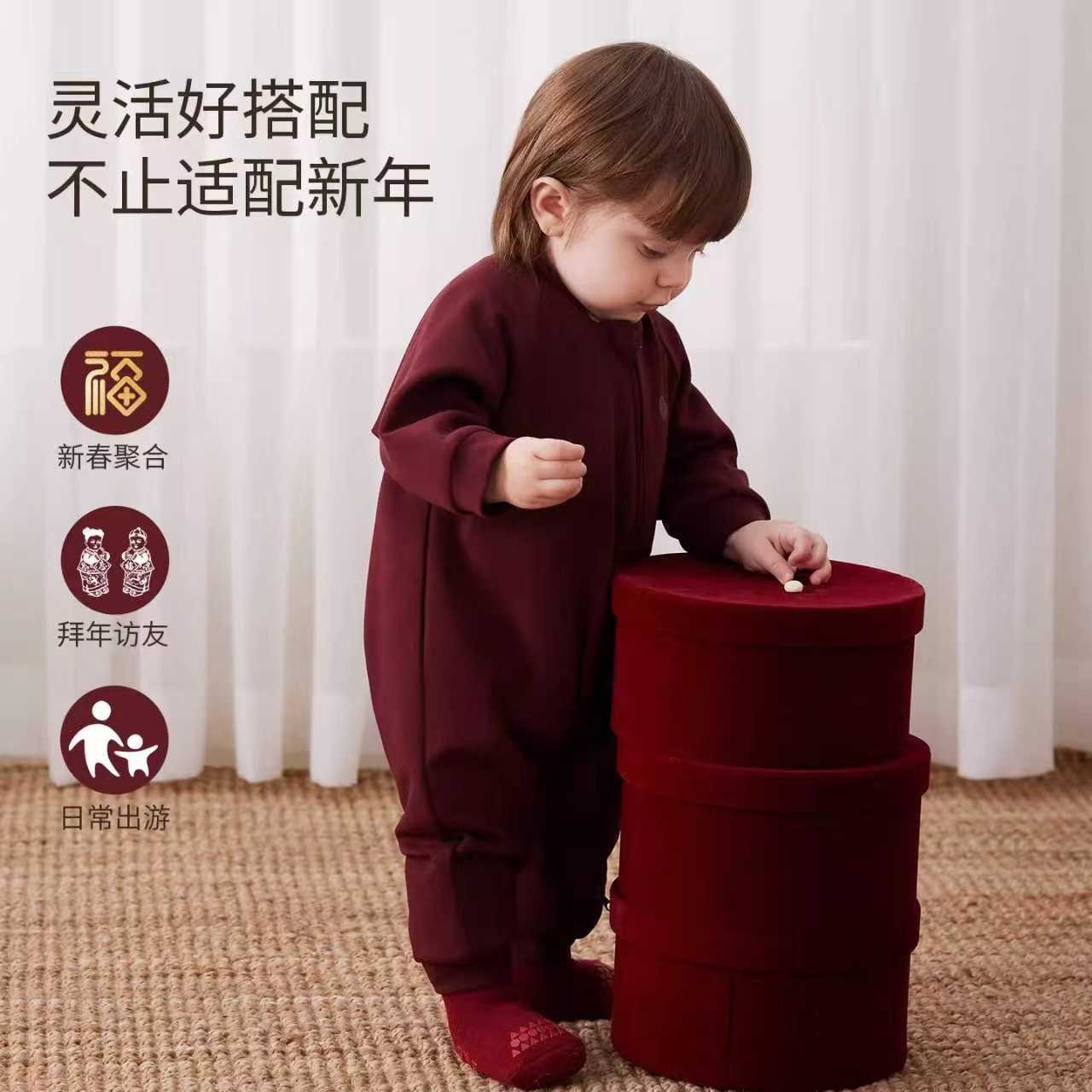 Oak mont婴儿连体衣秋冬宝宝加绒衣服加厚蚕丝绒保暖冬装外出爬服