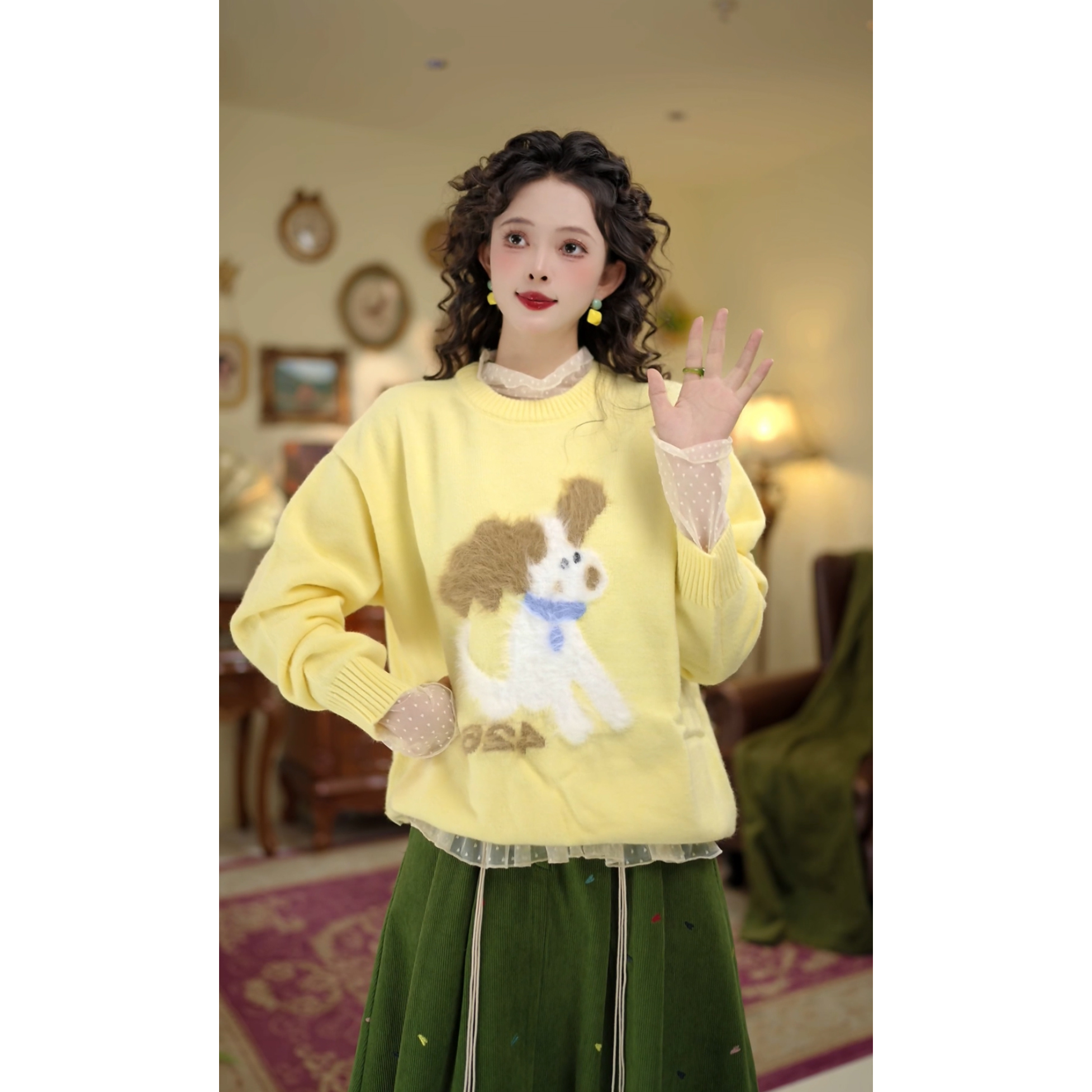 扣子家【毛绒小狗】复古秋冬宽松保暖提花毛衣针织衫KK0726382