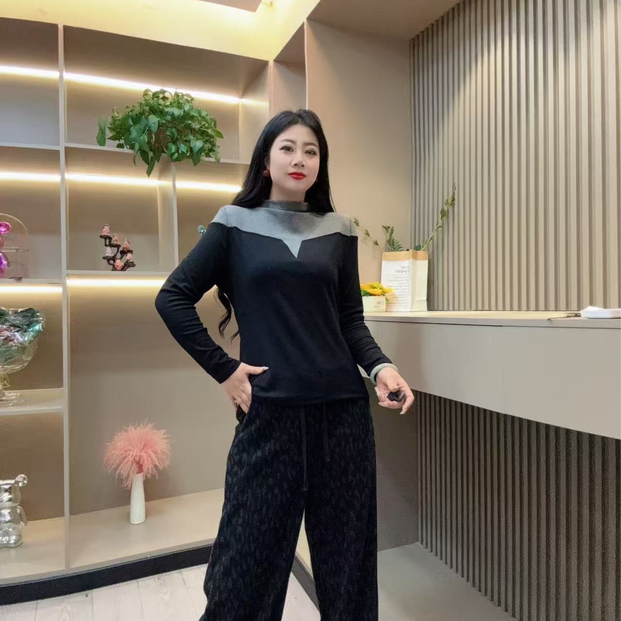 冬季磨毛上衣-甜 5271时尚潮流拼色显瘦设计款胖MM大码女装新款