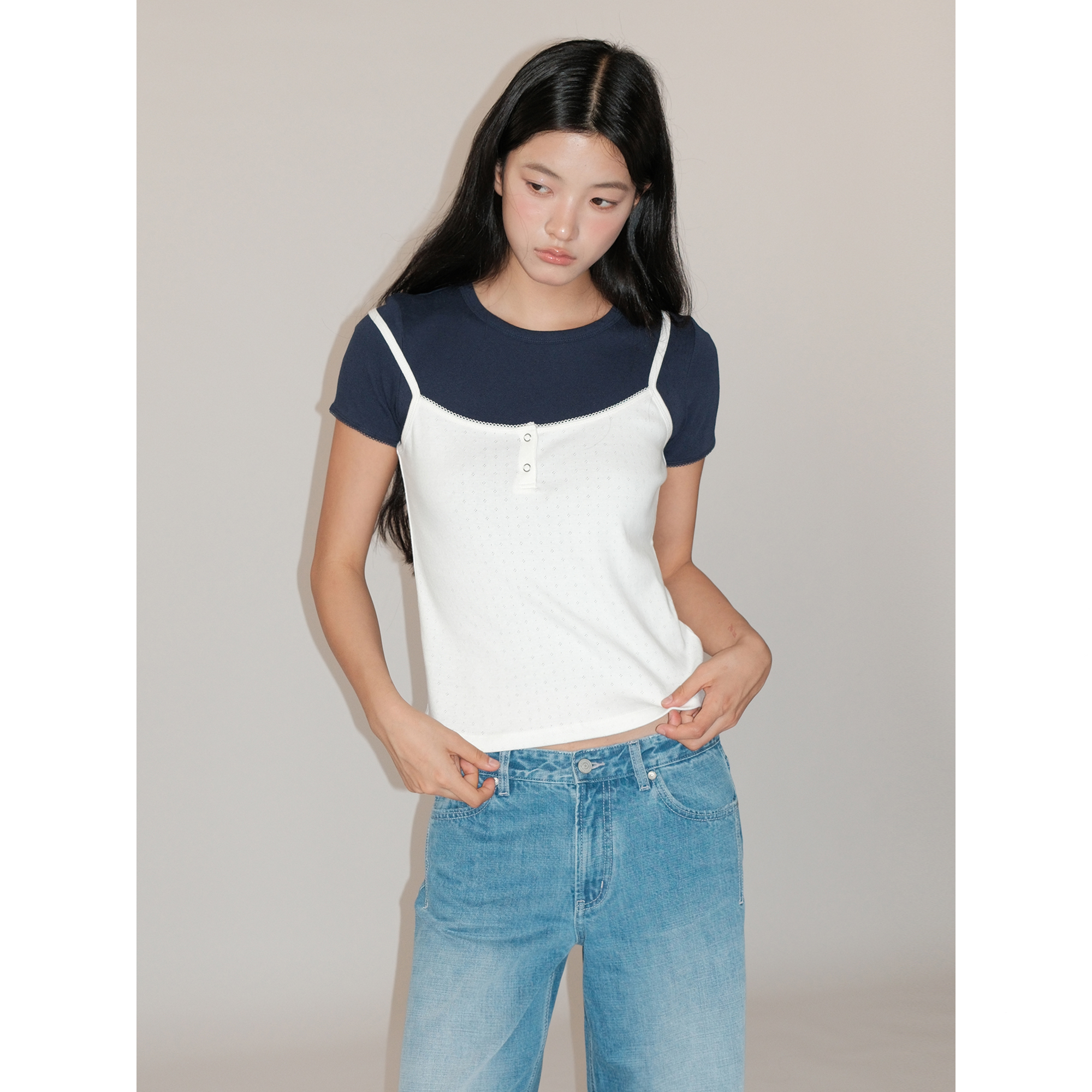 Moromoro comfort系列纯棉蕾丝边外置唛头U形领吊带背心