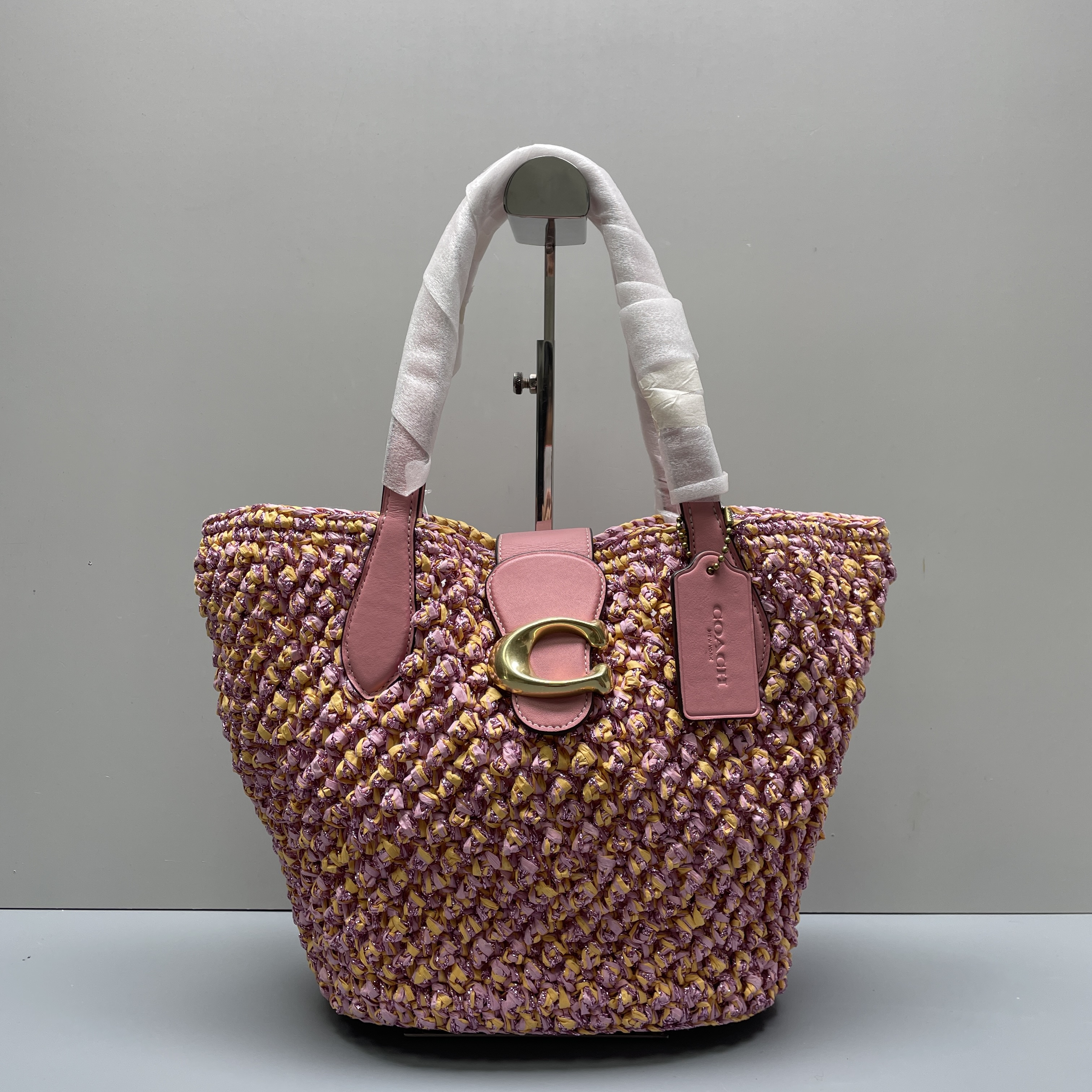 99新 COACH/蔻驰 小林/粉黄编织托特包22*23*12cmB120204