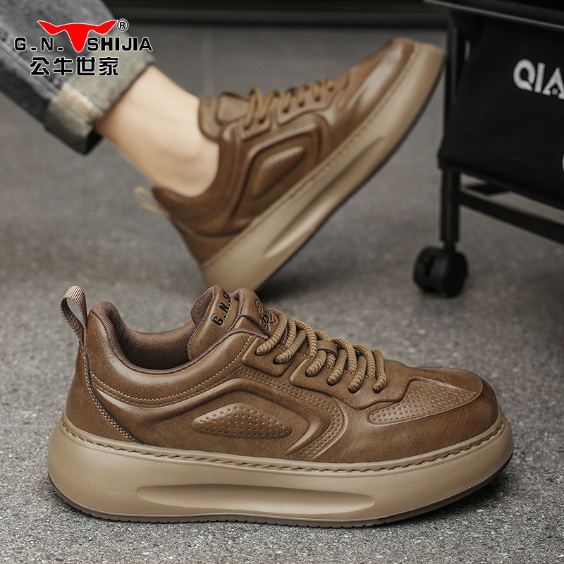 公牛世家男鞋新款春季运动休闲皮鞋增高厚底低帮商务潮流板鞋男款