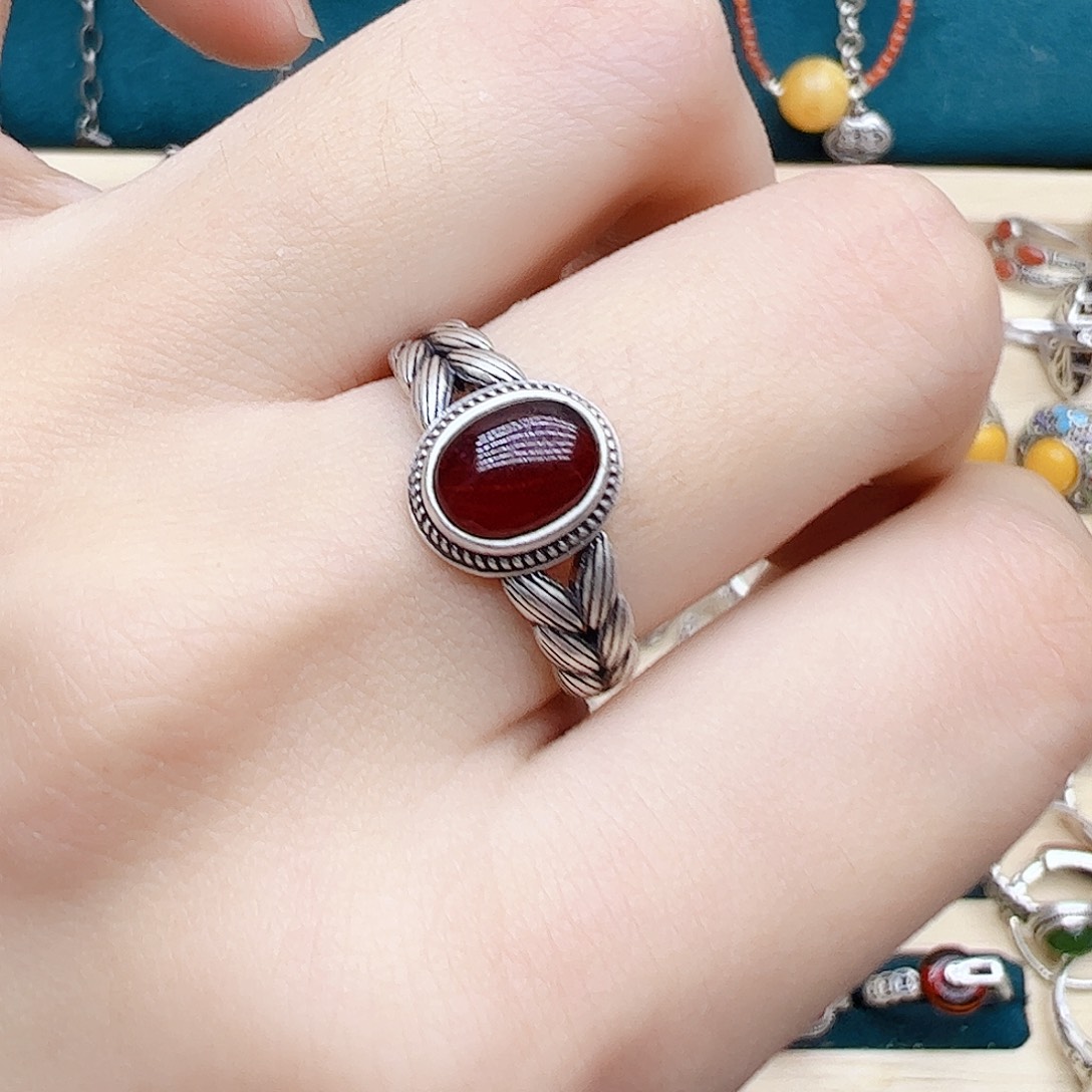 血珀戒指银S925镶嵌天然