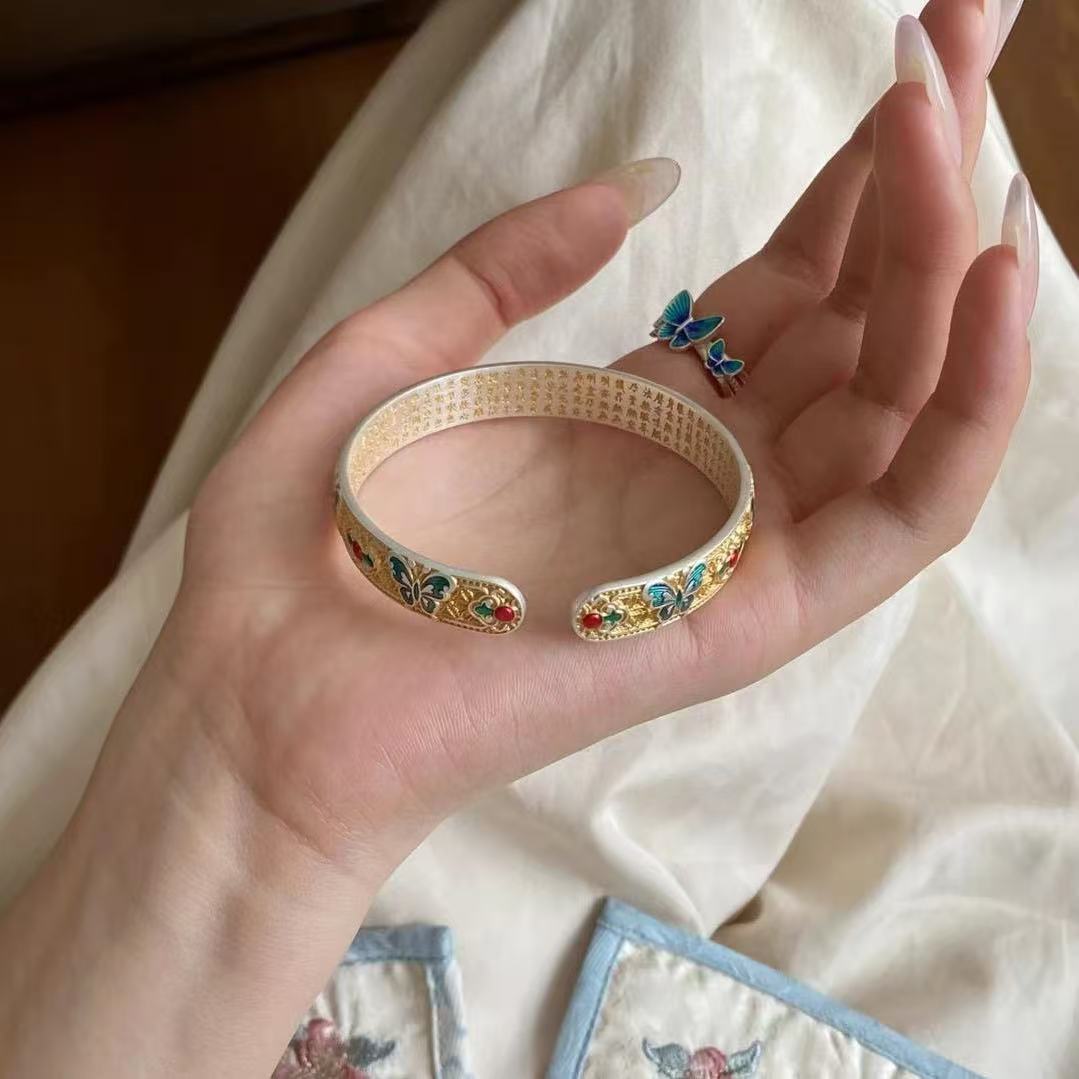足银手镯 A72足银999.9做旧珐琅彩描金蝴蝶心经开口手镯