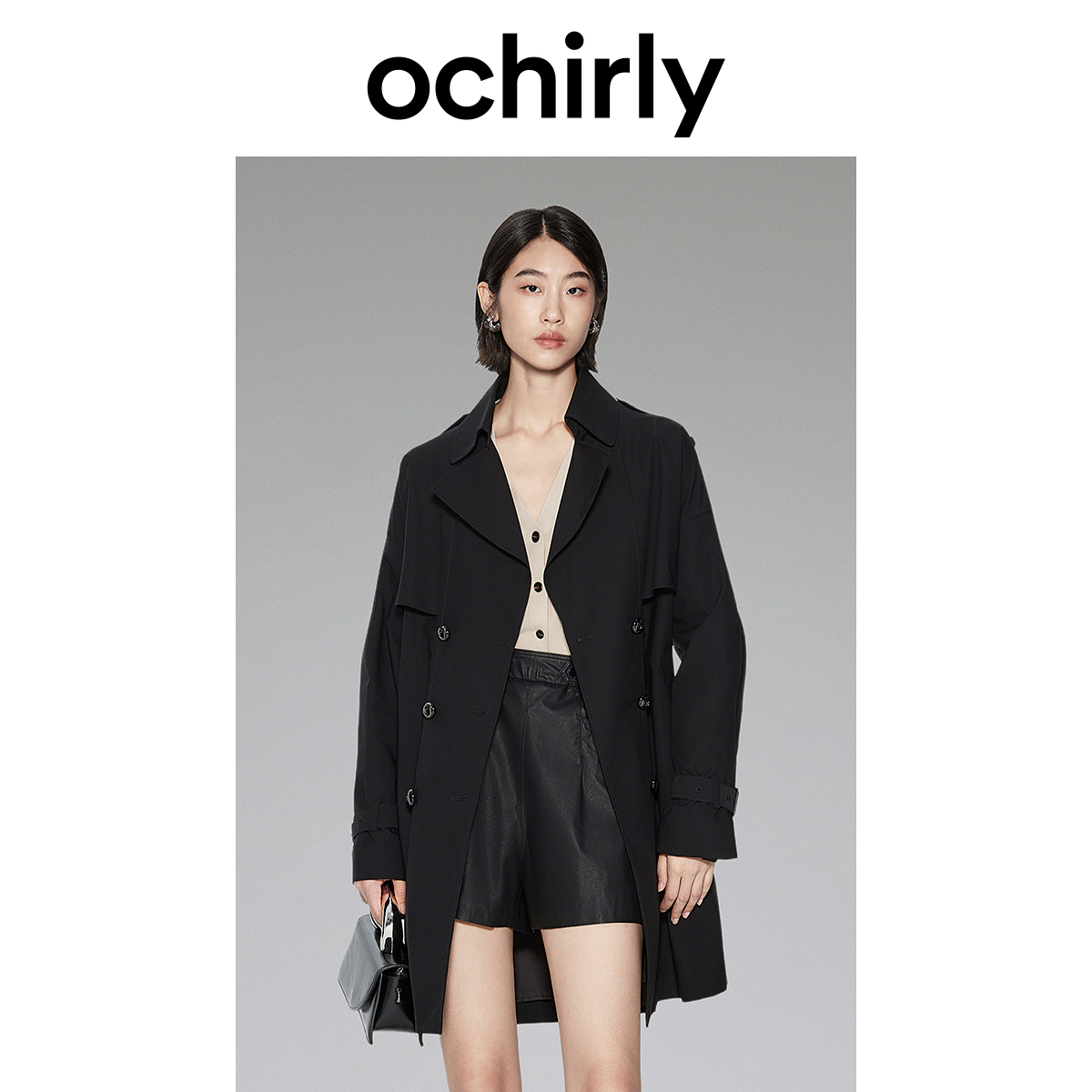 ochirly欧时力黑标系列 中长款风衣外套新款英伦风腰带
