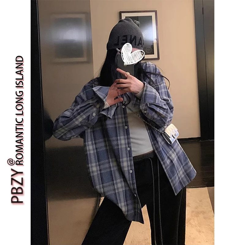 美式复古慵懒风宽松大板型蓝色格子衬衫外套女秋冬开衫上衣 8931#