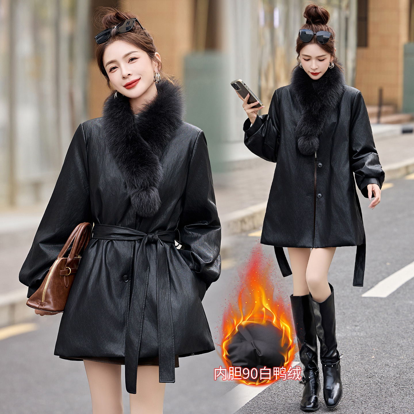 90白鸭绒羽绒服女2025冬季新款系带收腰显瘦皮衣加厚灯笼袖大衣潮