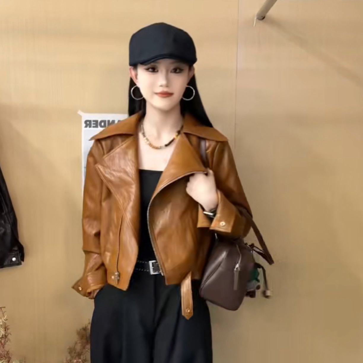 【缪大大笑笑力推】25230新品小众设计师款短款加绒皮衣外套