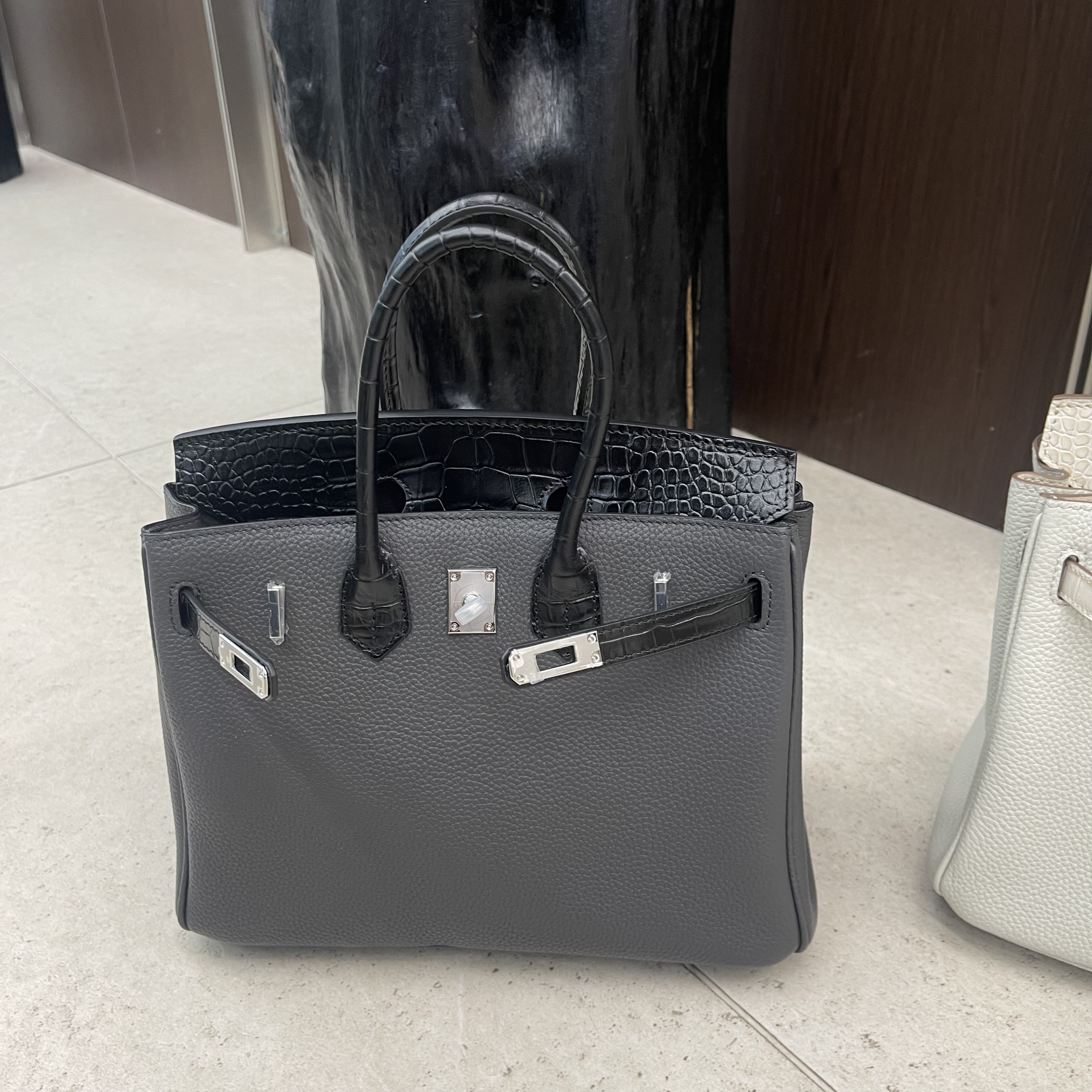 鳄鱼纹拼色牛皮铂金25CM手提包