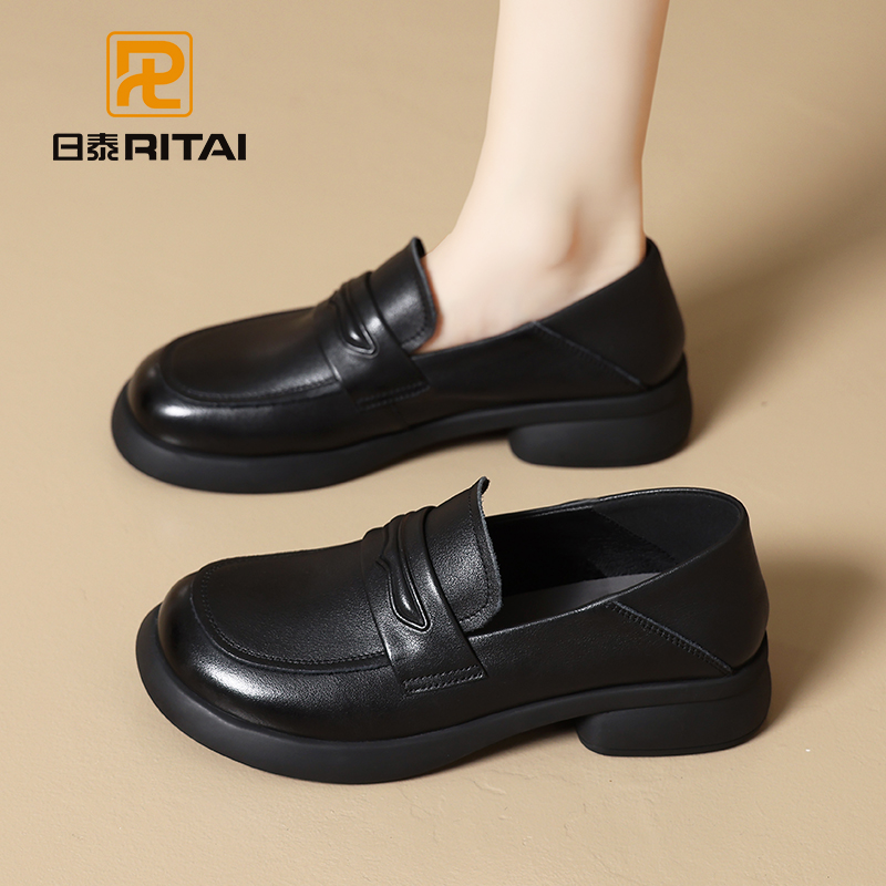 日泰女鞋头层牛皮女单鞋夏季早秋厚底百搭通勤鞋软面乐福鞋流光风