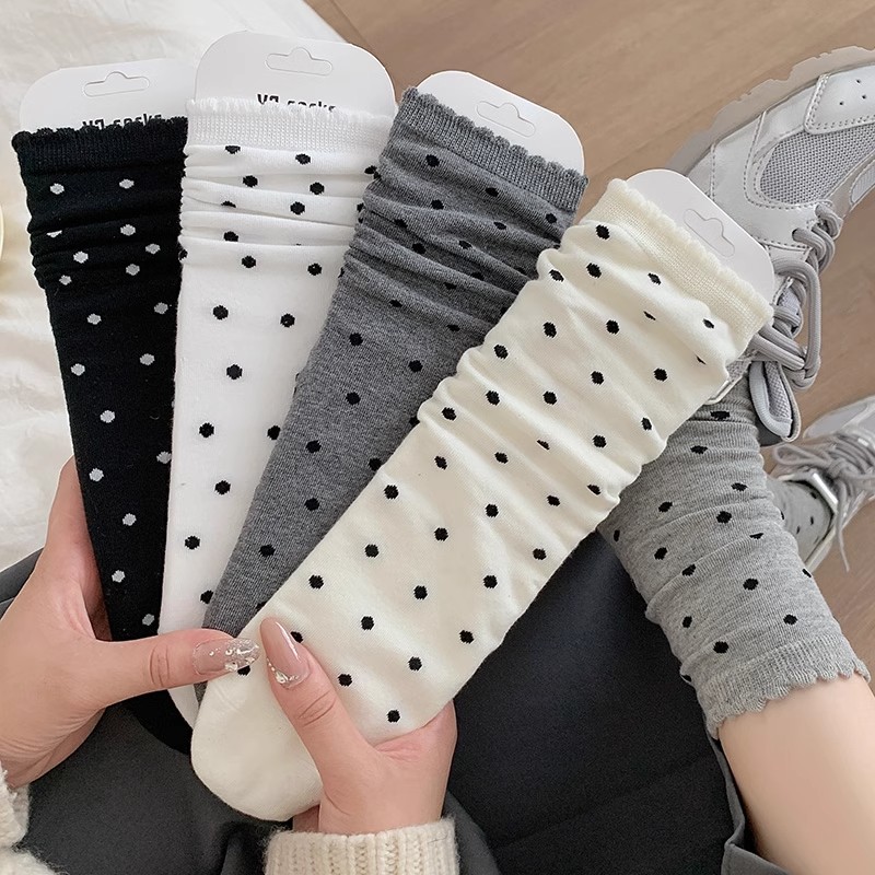 【5双】木耳边袜子女纯棉中筒袜花边波点ins显瘦堆堆袜芭蕾风棉袜