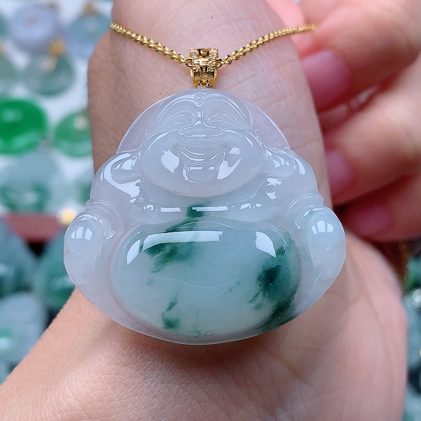 缅甸天然A货翡翠18k金镶嵌冰润飘花大佛公（尺寸34*36.3*6.2）