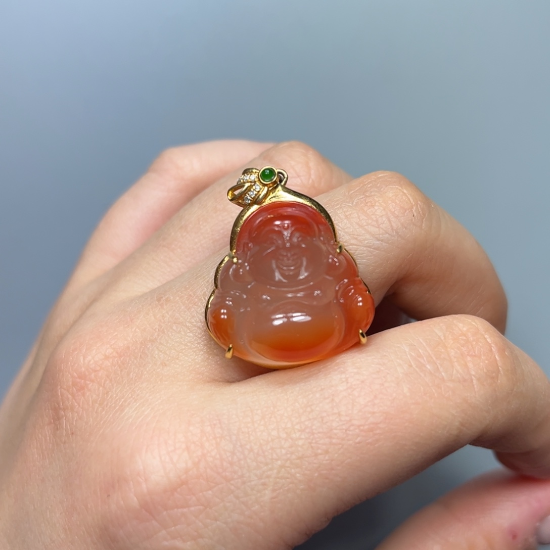 南红玛瑙冰飘佛公18K金镶嵌