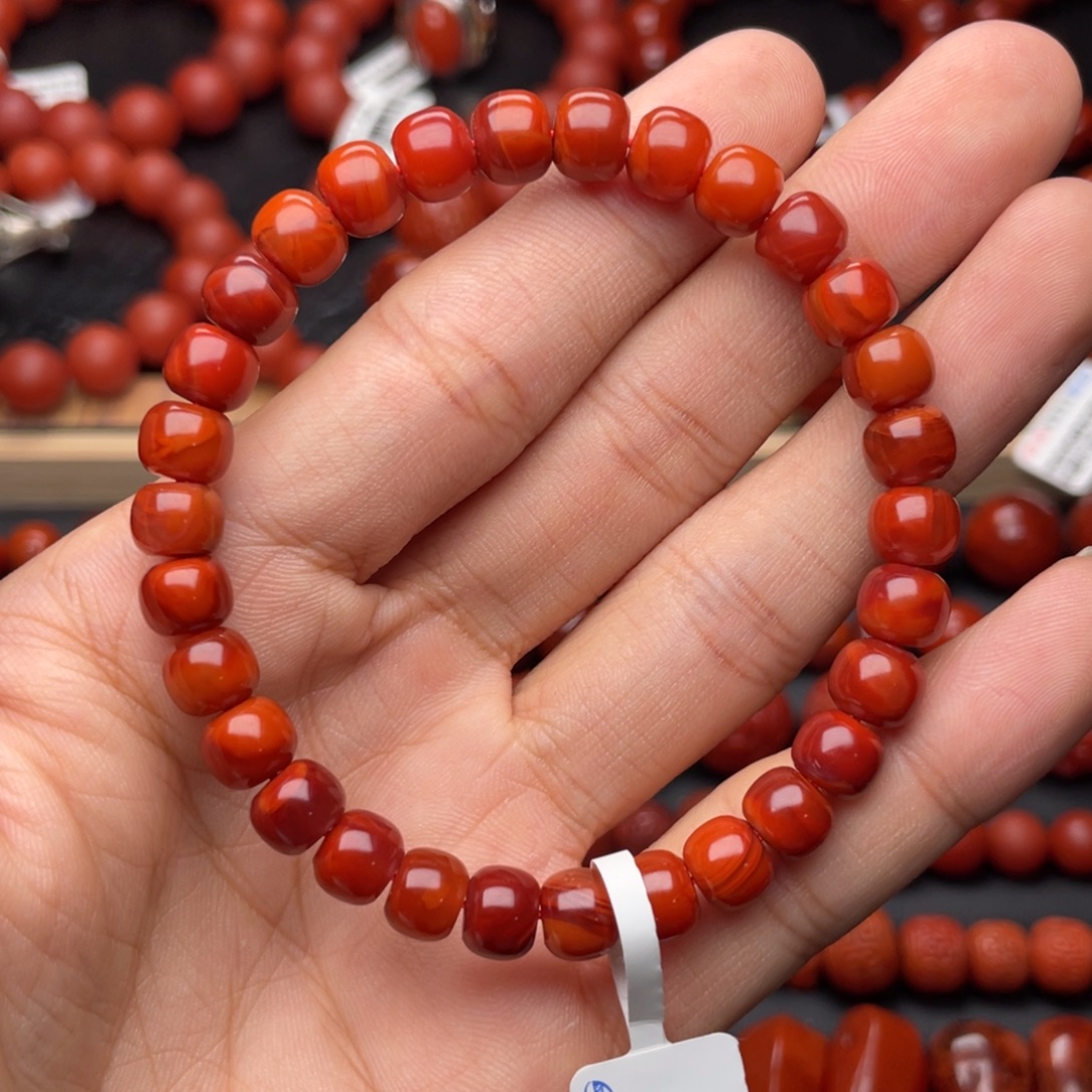 南红玛瑙未镶嵌手串H7.5mm满肉牛血火焰老型手串