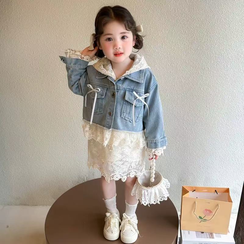 A-Y239 女童春秋款蕾丝帽牛仔衬衫外套套装
