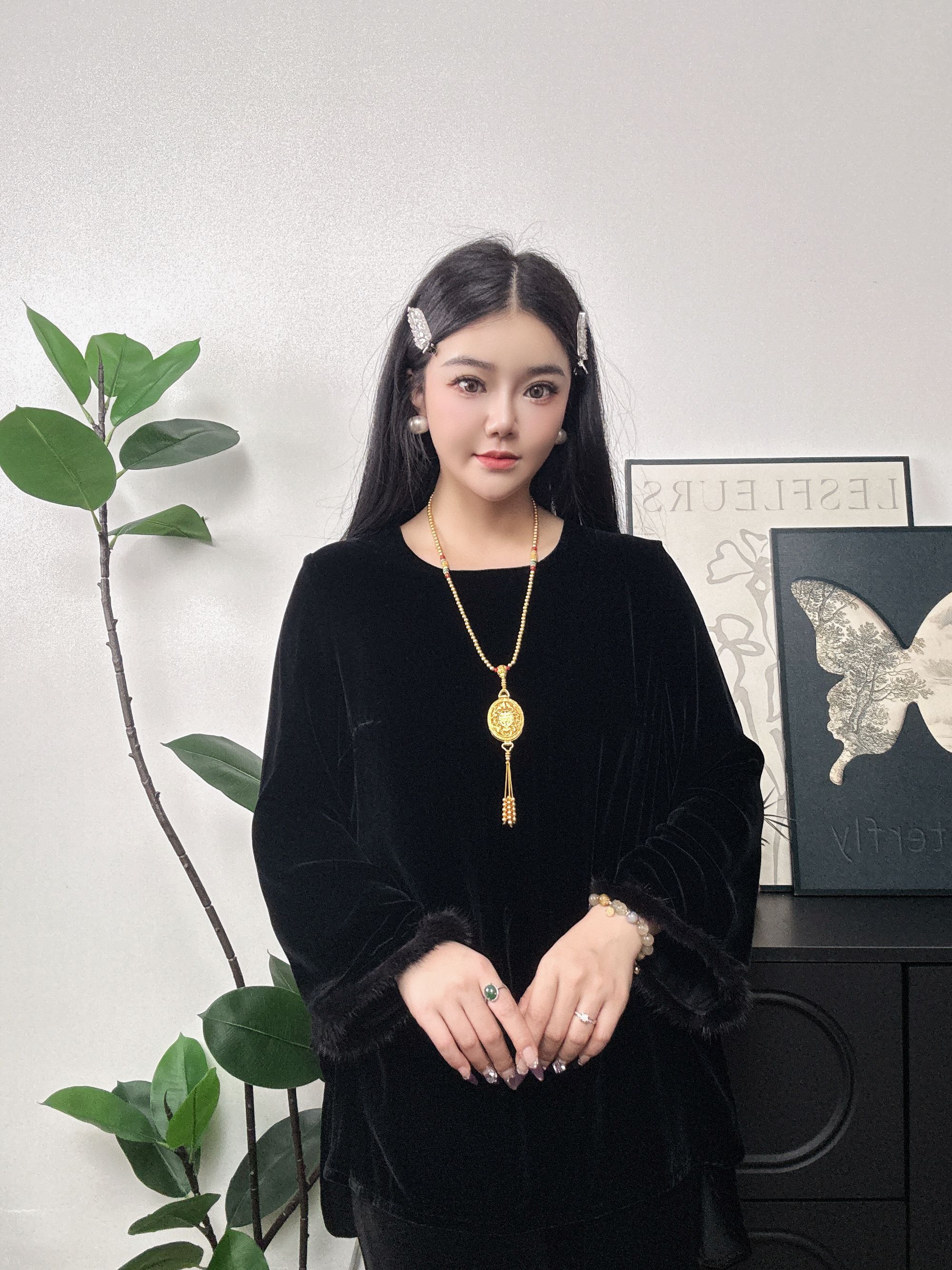 【文殊】新中式国风桑蚕丝真丝丝绒拼貂毛上衣