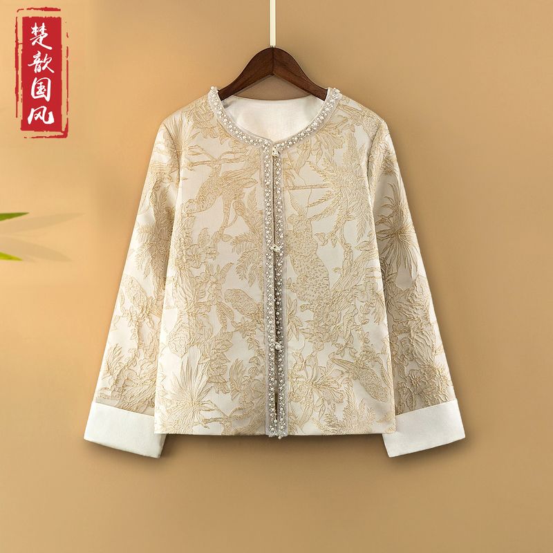 【沐茶】2025新款春季新中式上衣女装宽松国风圆领气质提花春秋外套