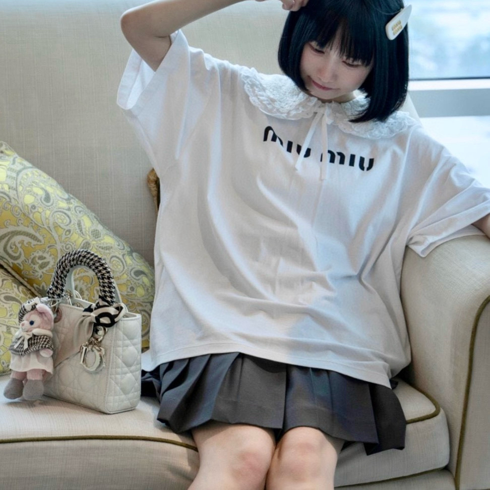 未使用 MIU MIU/缪缪 logo印花蕾丝翻领短袖 XS码 D17289