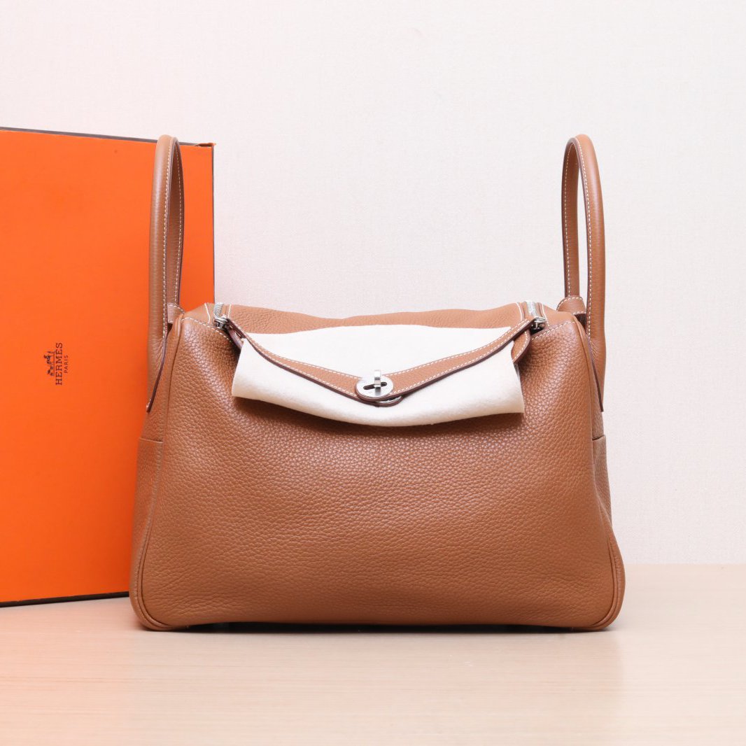 95新 Hermes/爱马仕 小花柳 Lindy 34 金棕色 TC皮 框R 银扣包