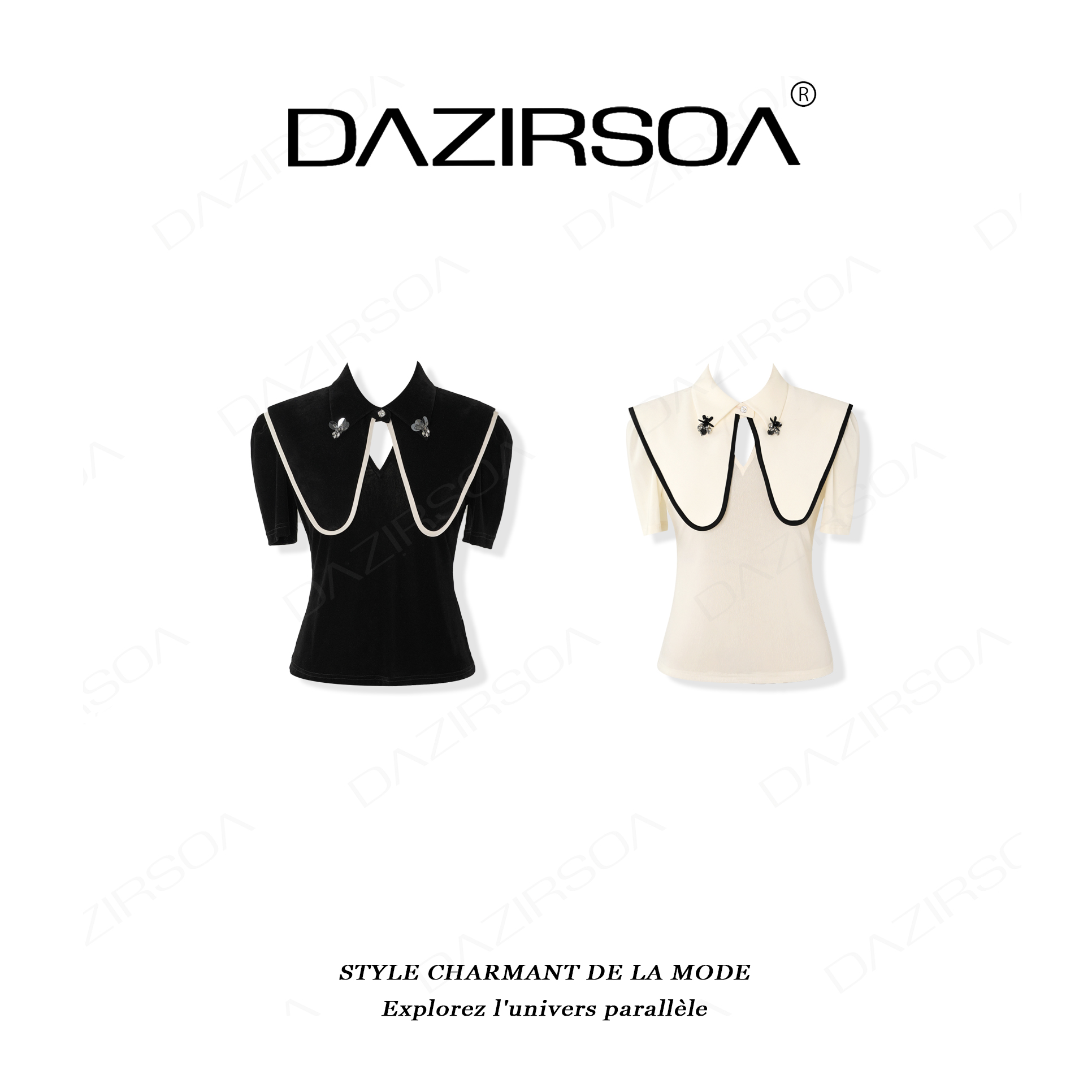 “梦幻佳人”时尚百搭钉珠花朵个性海军领丝绒T恤 AA325