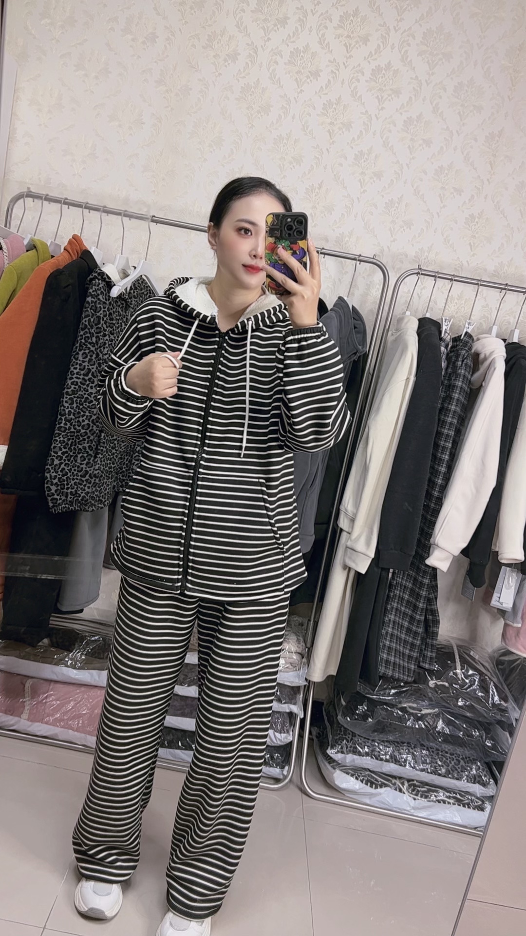 2025秋冬条纹连帽保暖睡衣家居服套装韩版休闲