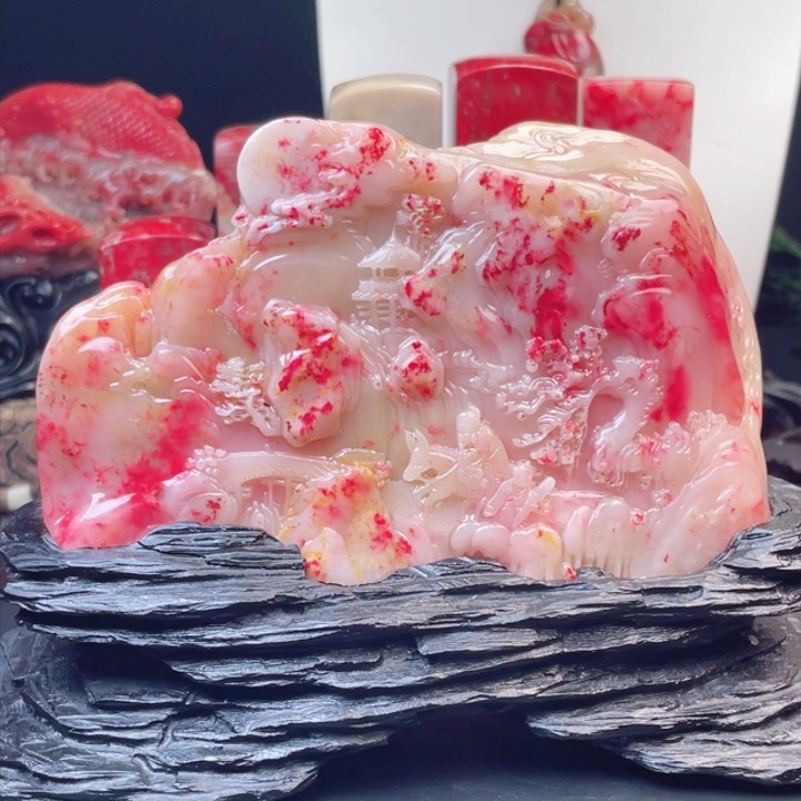 巴林鸡血石四*月白玉地