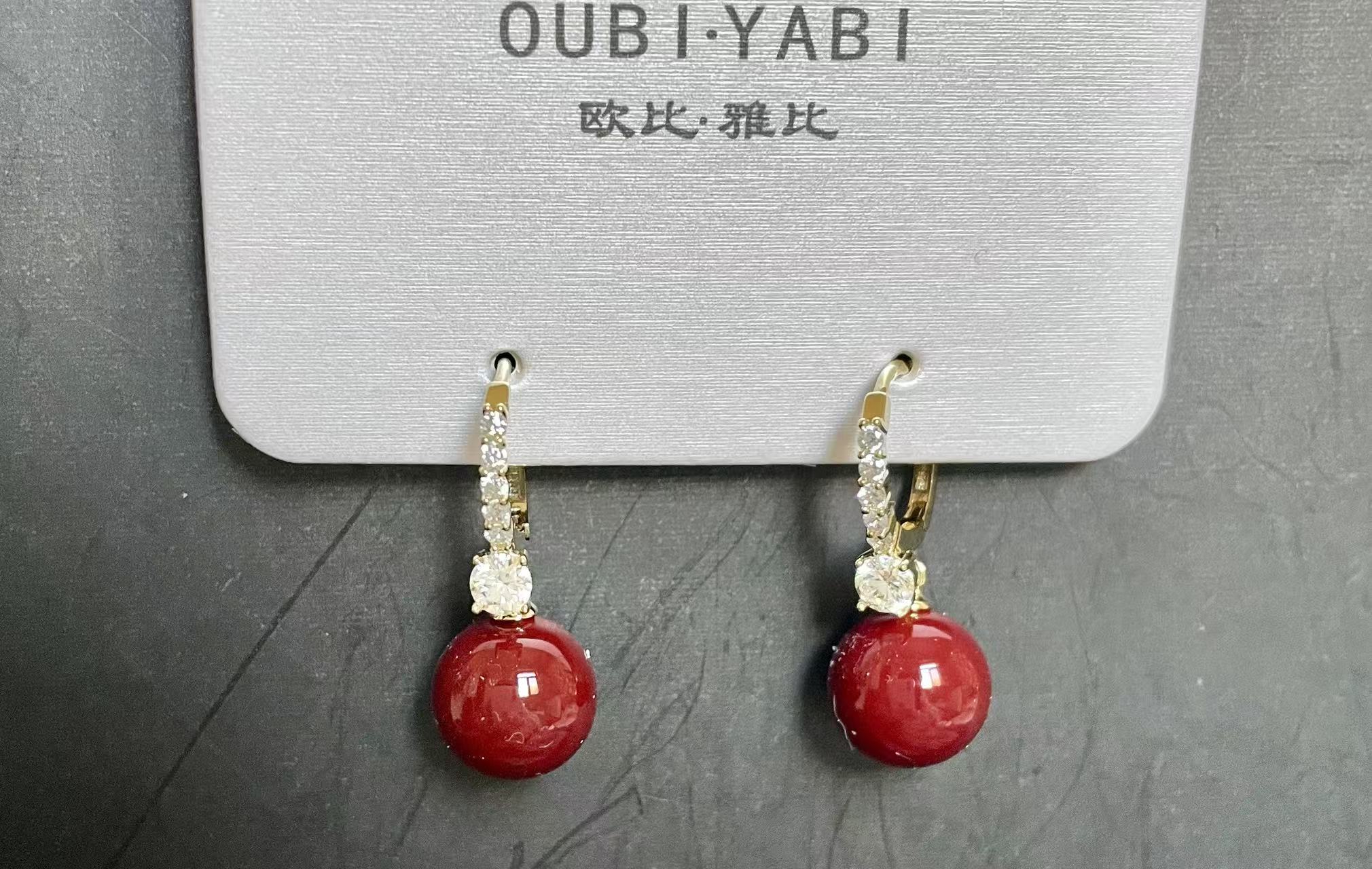 铜合金合成锆石耳饰 精致金色耳环原创设计精美红色镶嵌饰品浅金