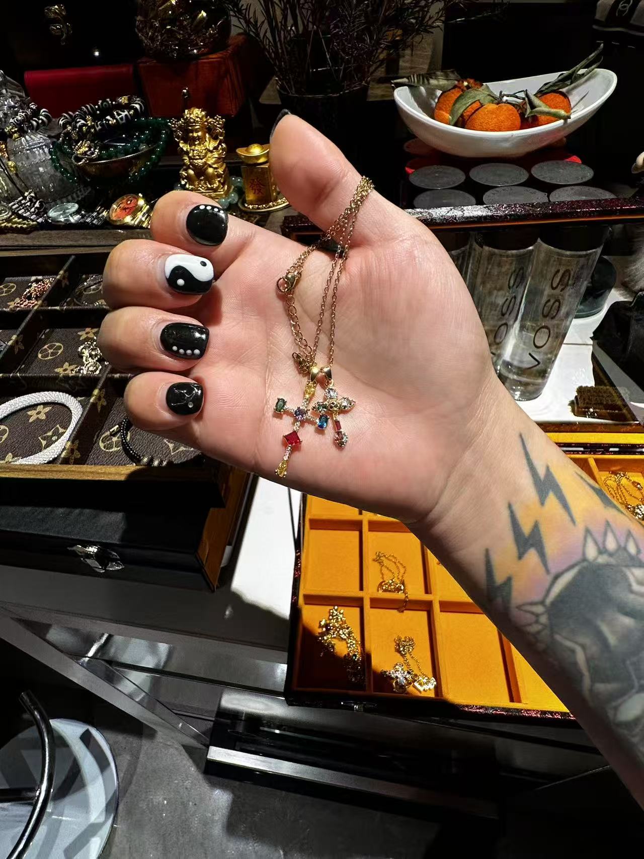 合金项链 【蛇年 多彩夏日 项链】黄色双坠十字炫彩锆项链diy国潮风