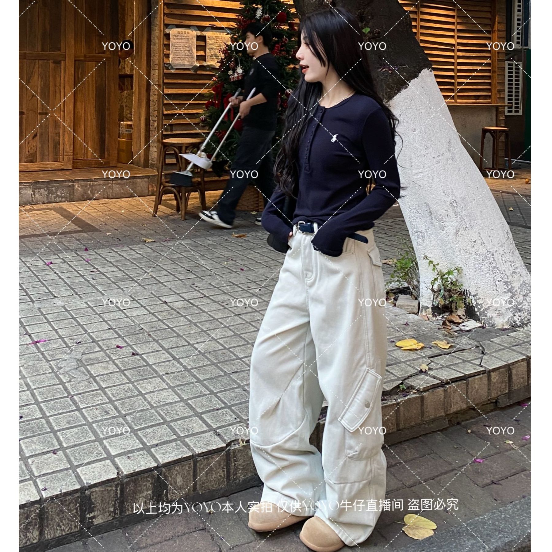 YOYO自制2【灰白工装】加绒加厚冬款宽松时尚休闲百搭阔腿拖地裤