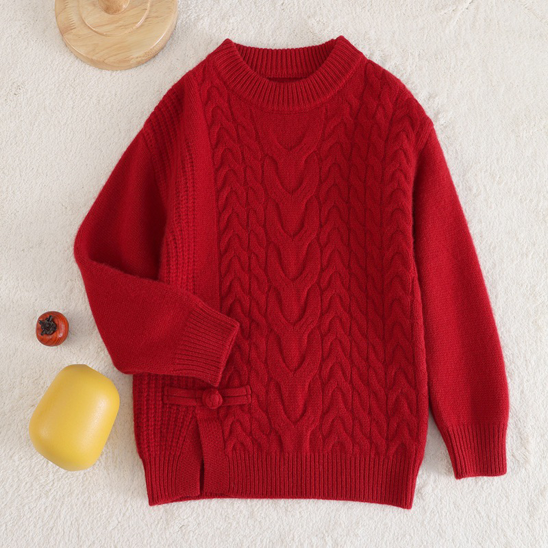 儿童纯羊毛衫新年款三股编加厚新中式男女童中大童毛衣针织衫上衣