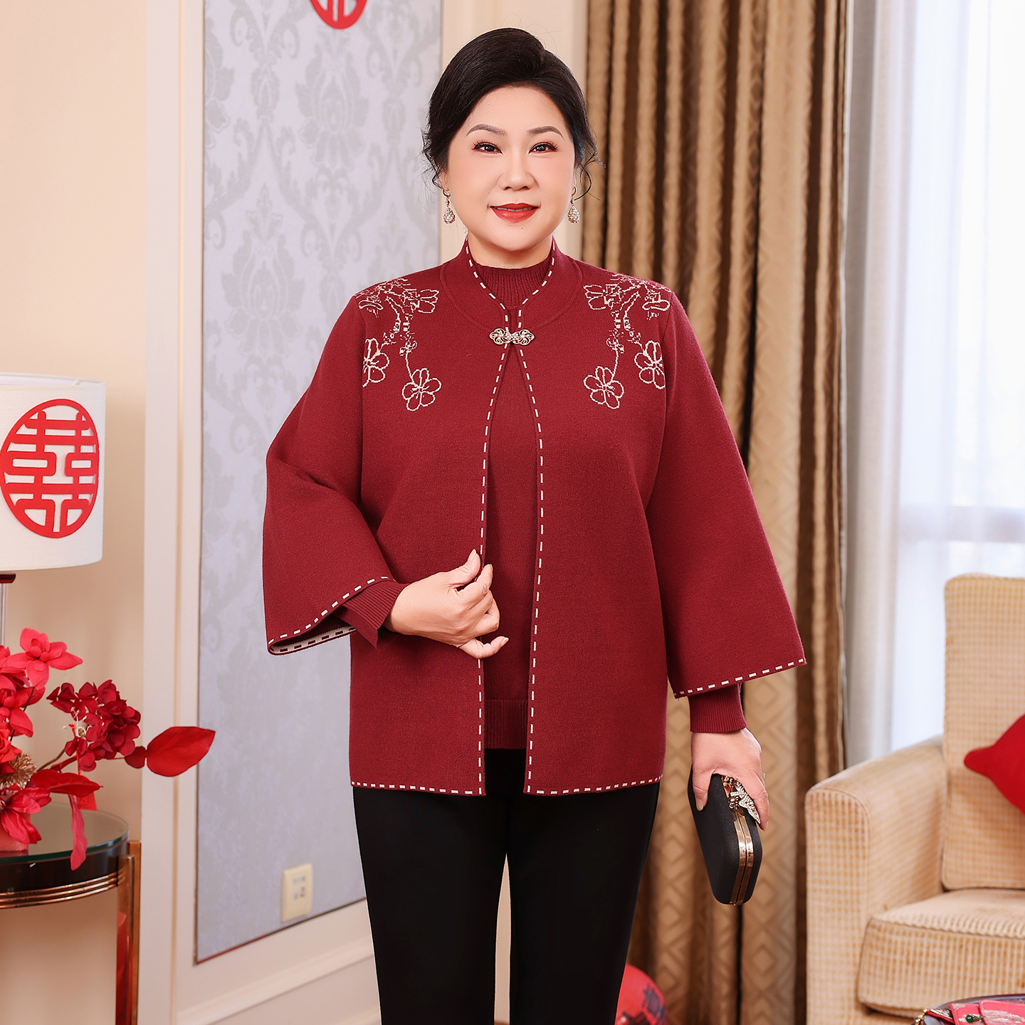 妈妈喜婆婆婚宴装毛衣针织衫套装中老年女装子女结婚喜服订婚礼服