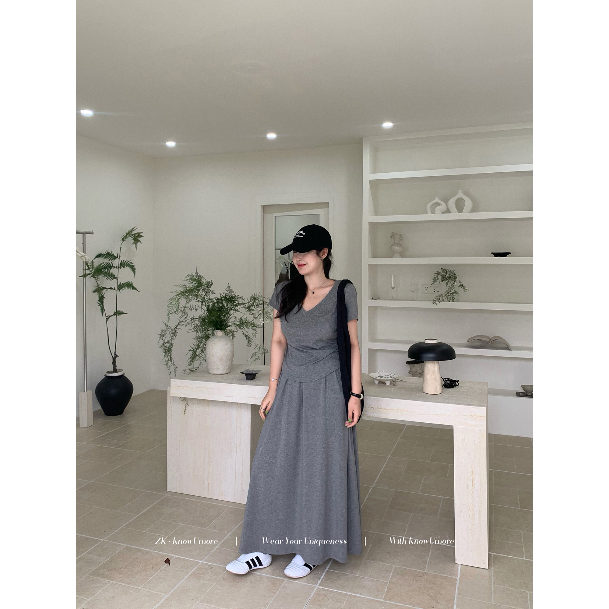 知葵微胖定制【舒适圈】慵懒短袖上衣遮跨长裙两件套装12251TZ5705