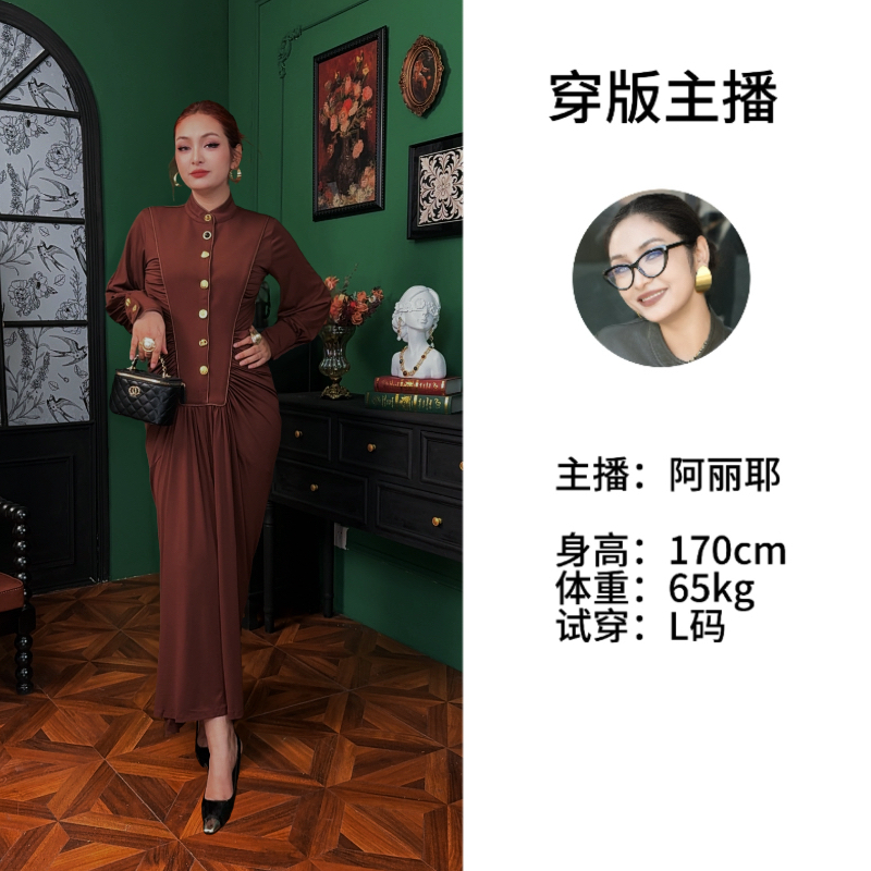 Dilnur 新款法式褶皱包臀长裙修身显瘦拼接长袖欧美晚宴连衣裙