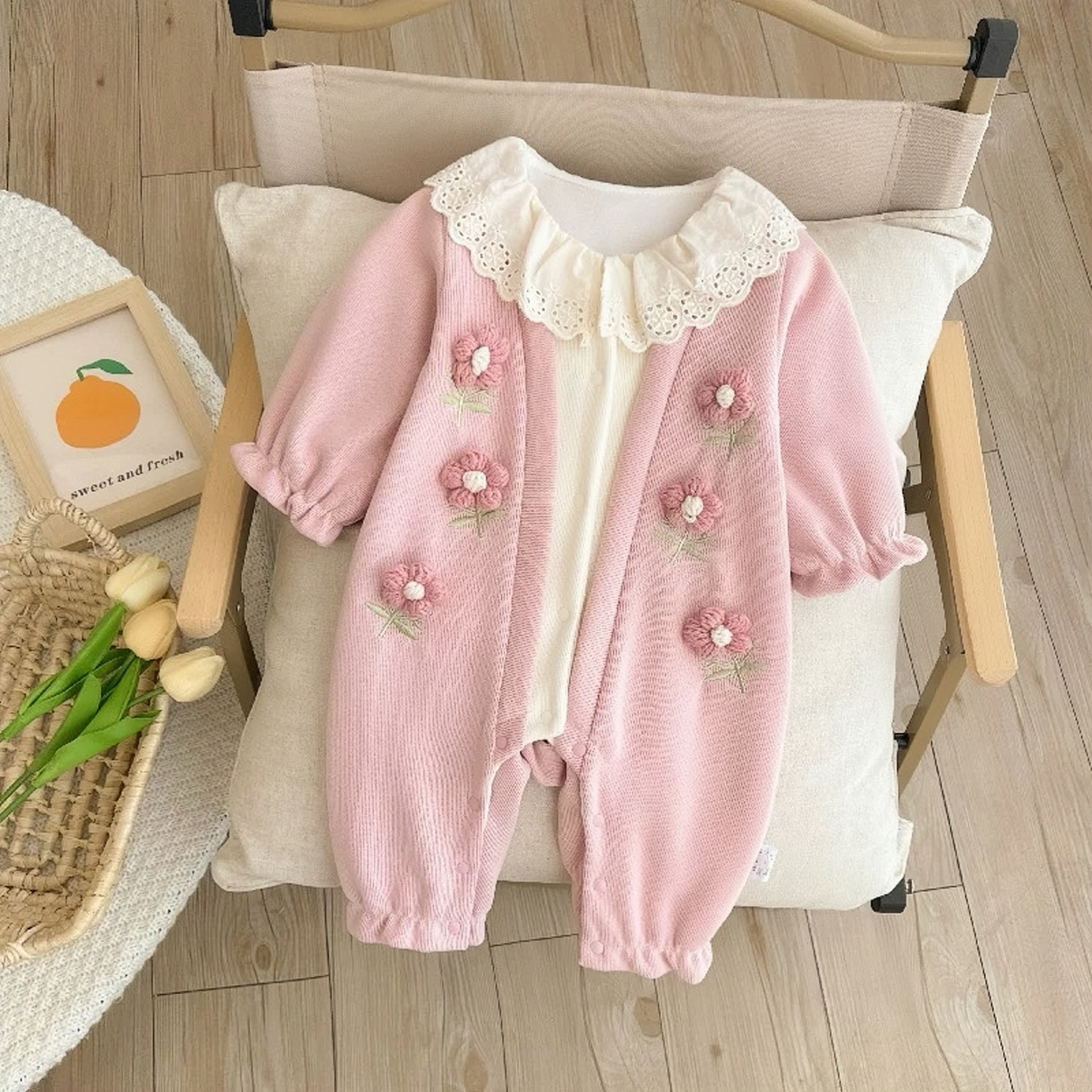 婴儿春秋装双层连体衣女宝宝甜美公主花朵假两件哈衣爬服外出服