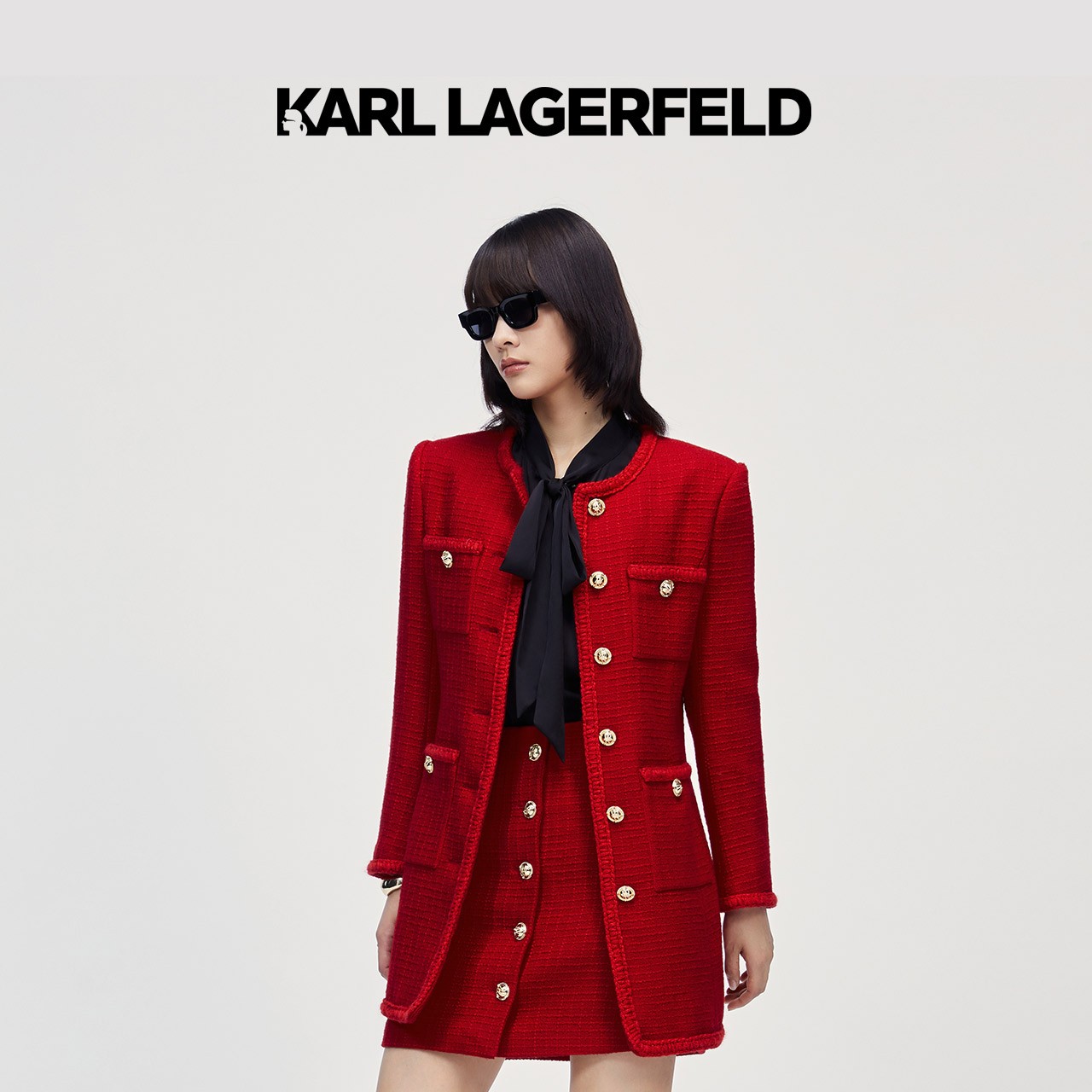 【官方】KARL LAGERFELD卡尔拉格斐红色粗花呢连衣裙夹克K27E1533