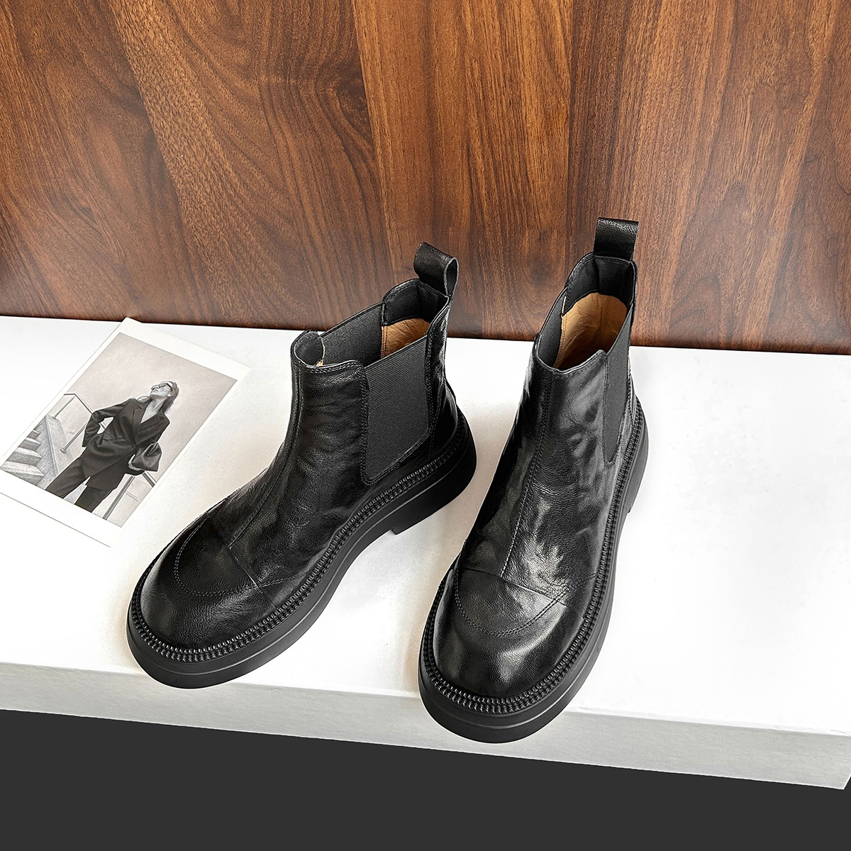 【少量现货】IU1569/4cm/牛皮增高厚底切尔西靴女秋冬加绒百搭粗跟