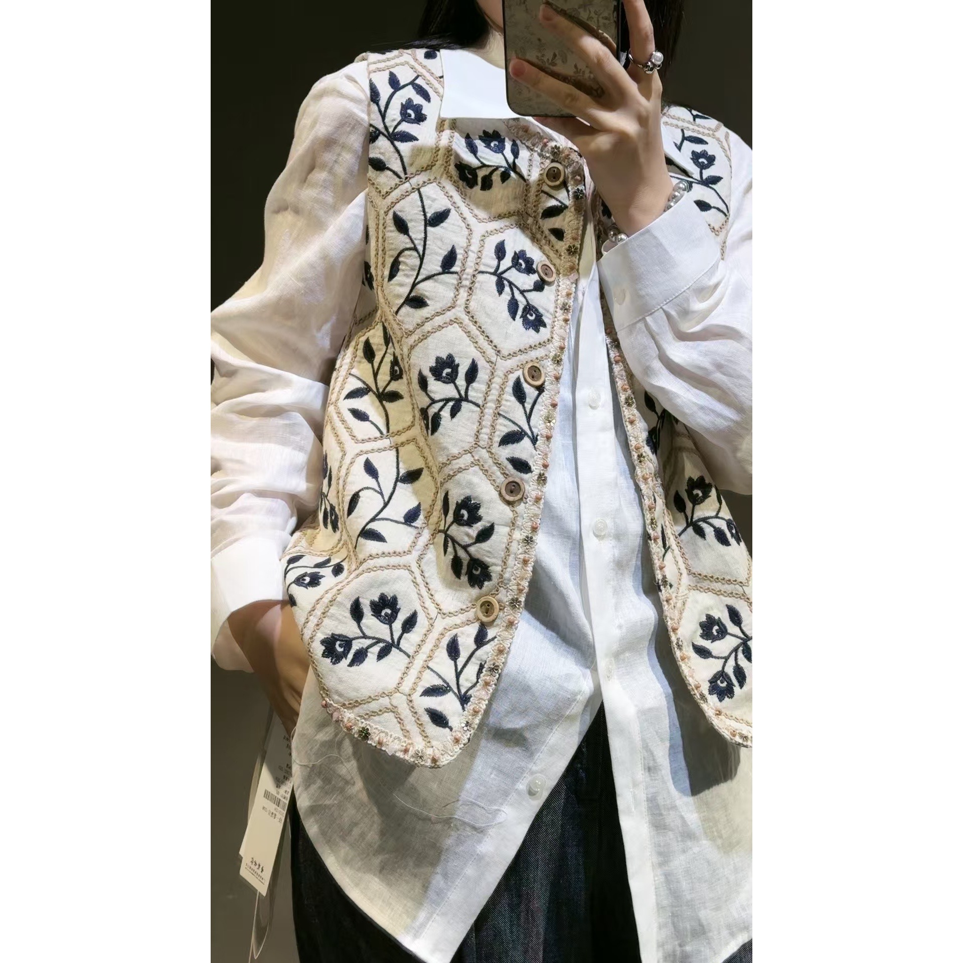 【小黑家】长58亚MS丝混纺重工线绣绣花高端马甲78305