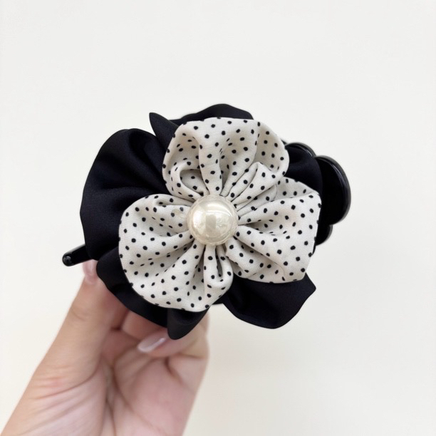 L082夕洛白色波点花朵少女风丸子夹抓夹女法式发夹时尚发饰饰品