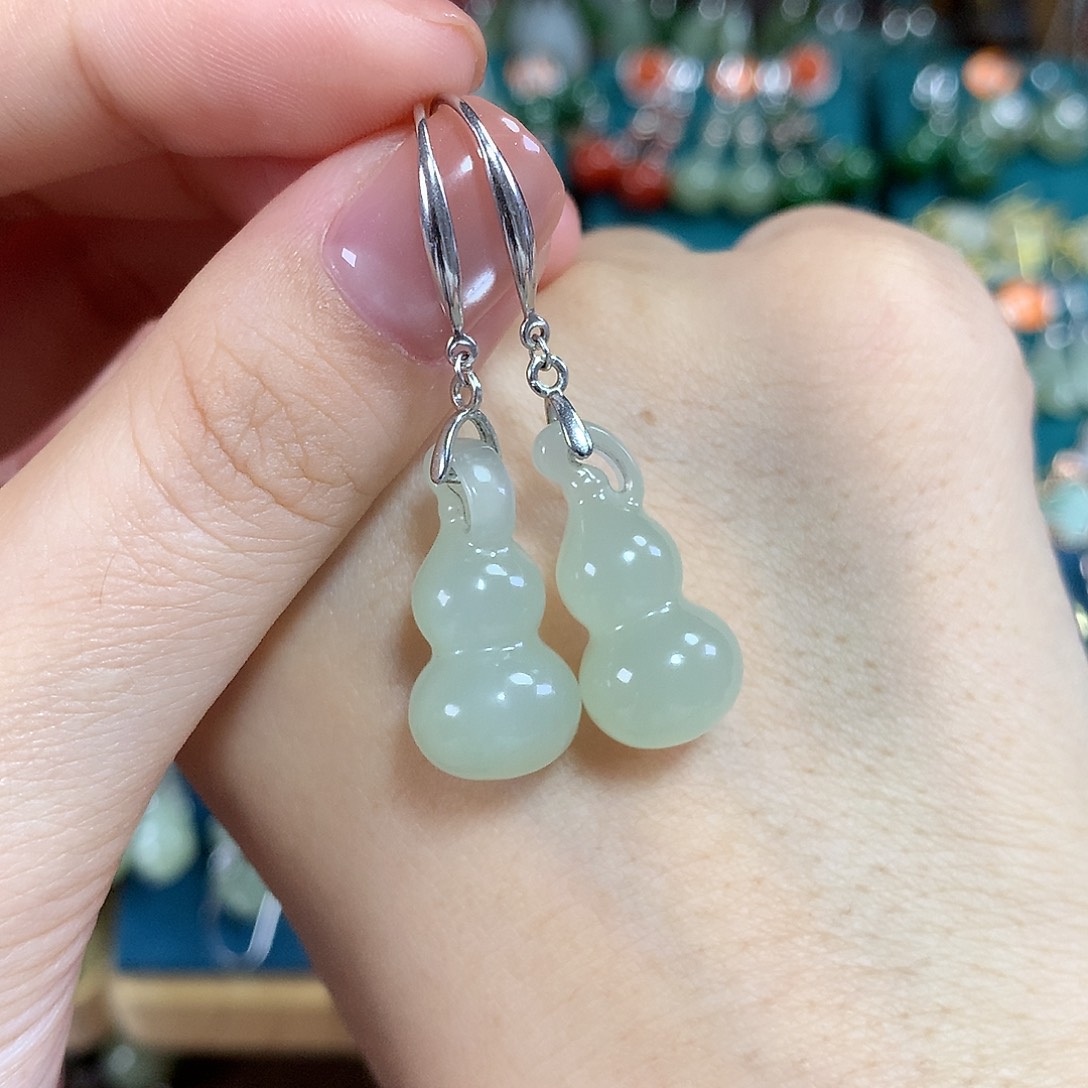 和田玉银S925镶嵌耳饰葫芦卡22左右大号