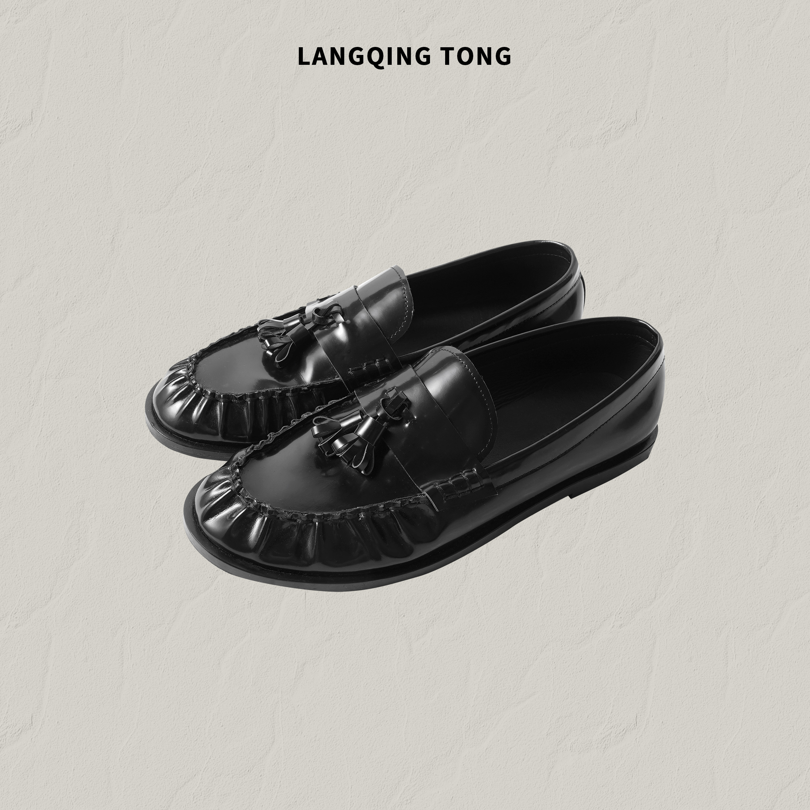 LANGQING 复古流苏褶皱圆头真皮沿边牛皮皮鞋47004#