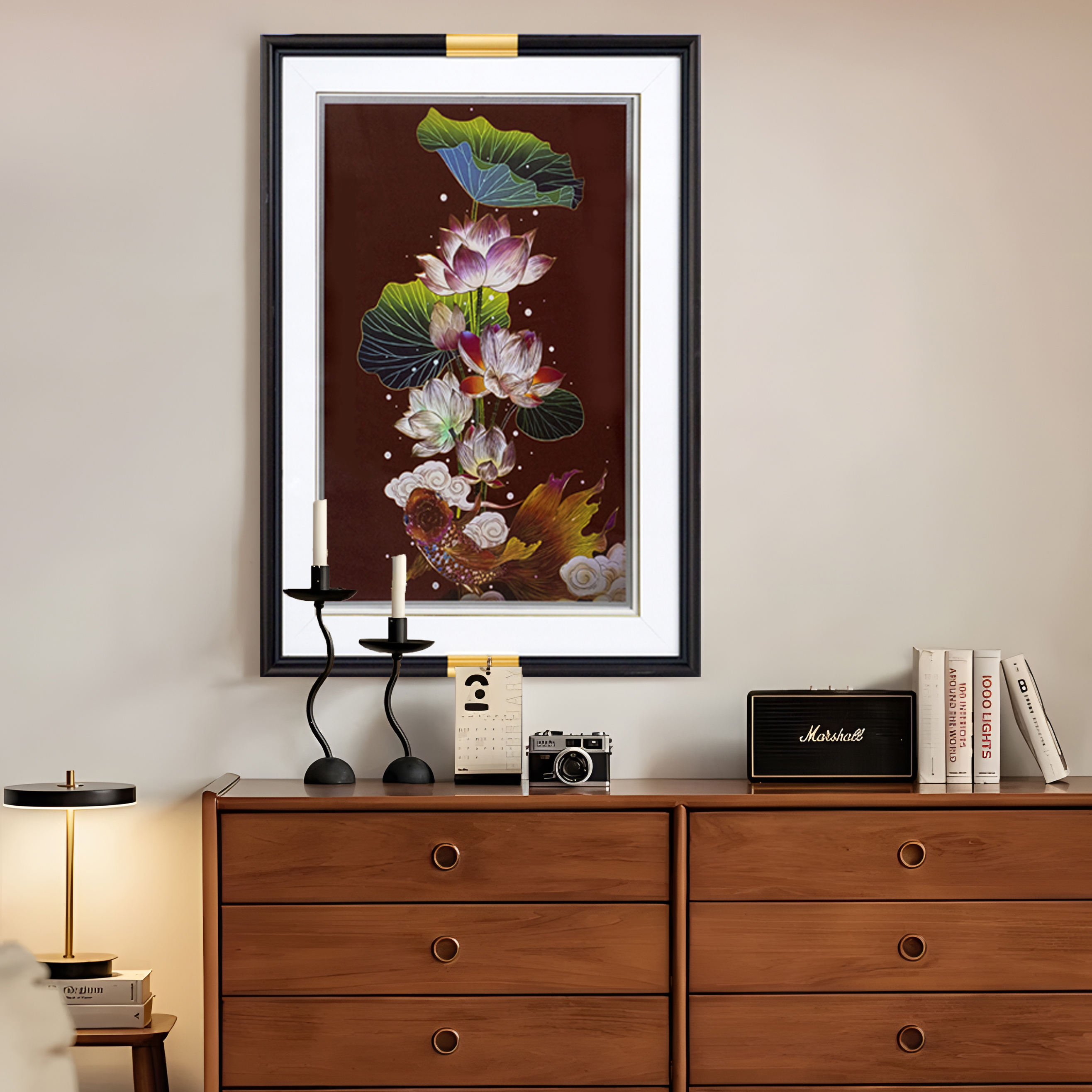 益师傅金鱼》新中式玄关沙发背景墙装饰画锦鲤好寓意挂画荷花5070