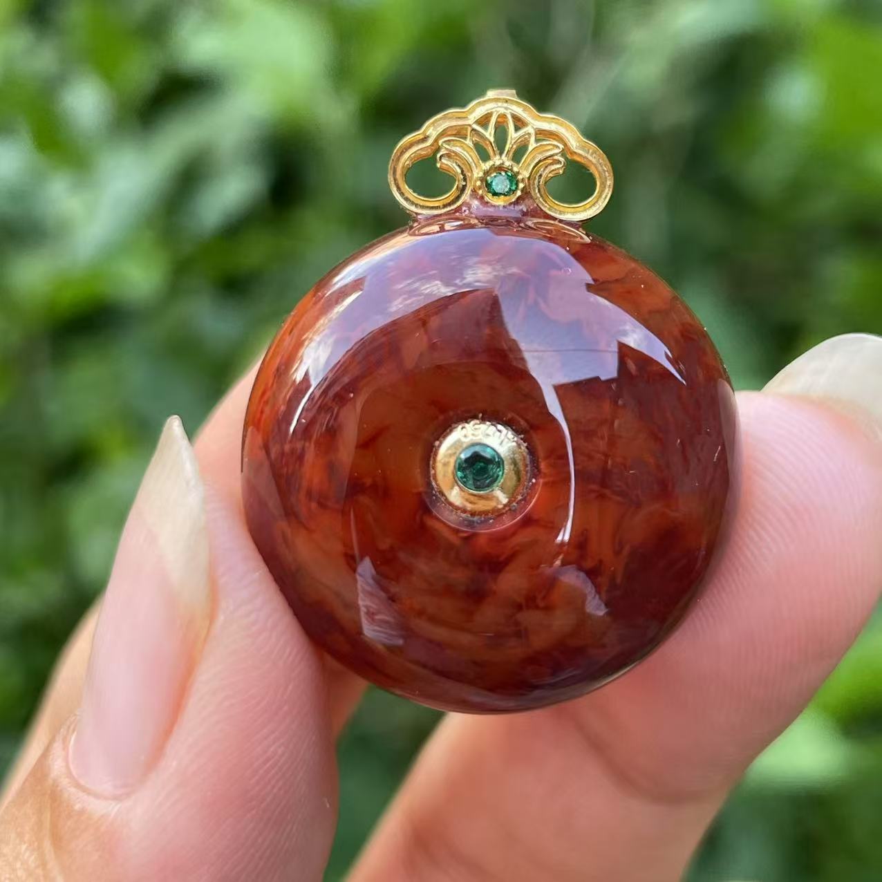 传承全品级 南红瓦西牛血红火焰妖花 18K金平安扣吊坠 24.2*13.6