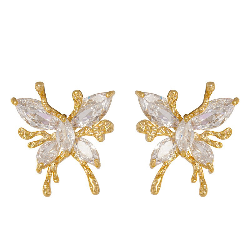 铜合金锆石耳饰 18K真金电镀银针锆石蝴蝶耳钉轻奢优雅冷淡风个性