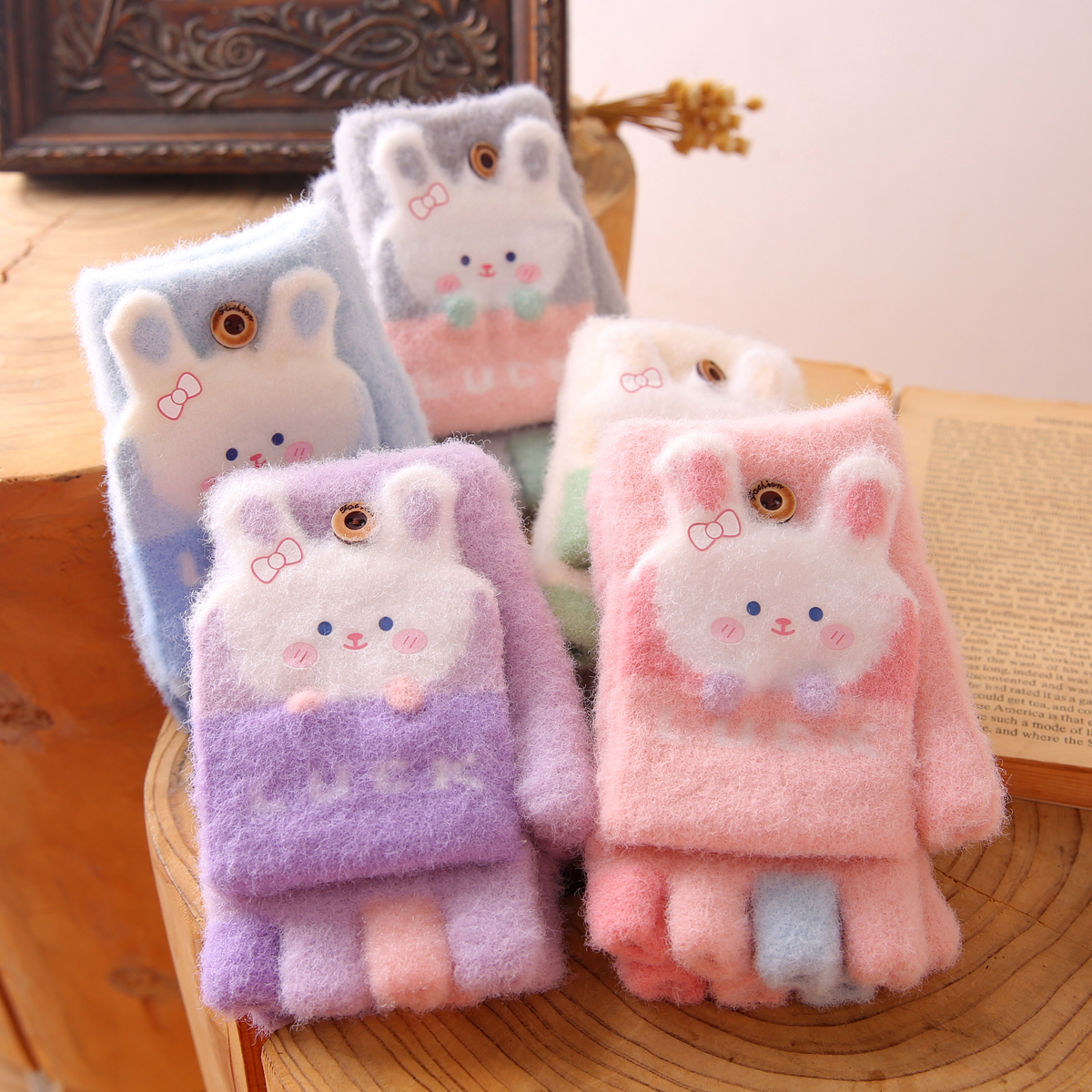 儿童手套女孩高颜值可爱风10岁防冻小学生写字御寒半指翻盖五指薄