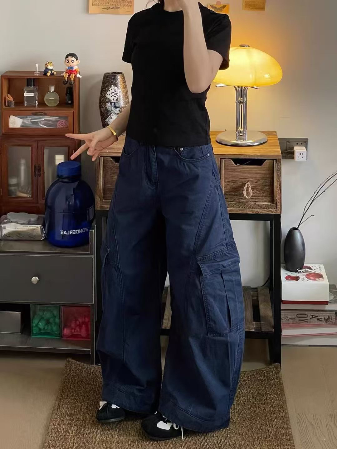 美式街头复古大口袋工装裤早秋新款通勤宽松显瘦牛仔阔腿裤女