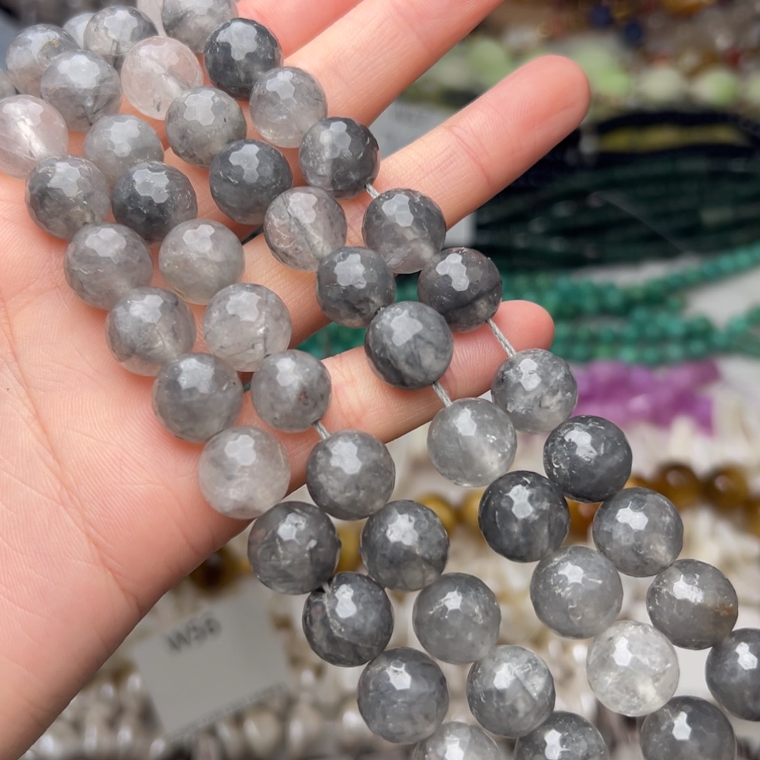 玛瑙/玉髓合金珠宝半成品W133。12mm天然魔鬼晶刻面圆珠一条