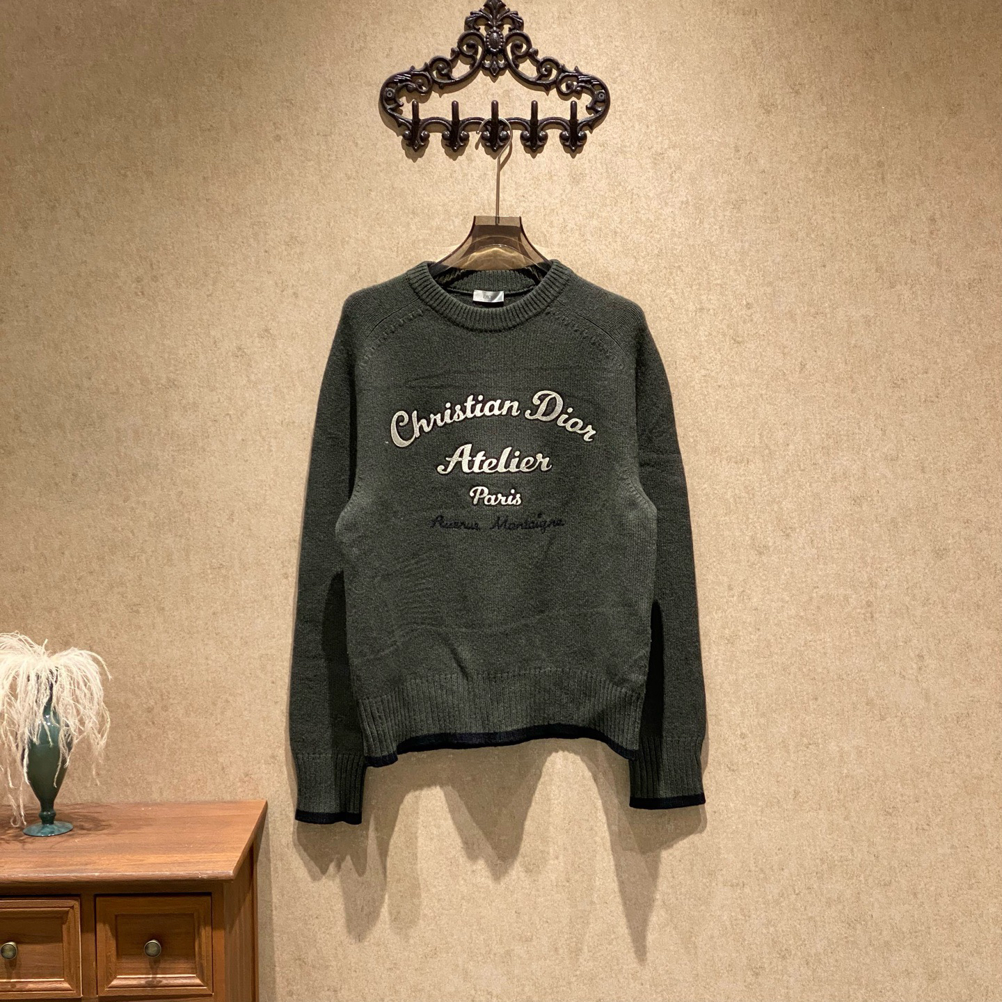 99新 DIOR/迪奥 深绿色刺绣草写标语logo羊毛针织毛衣/xl码/41617